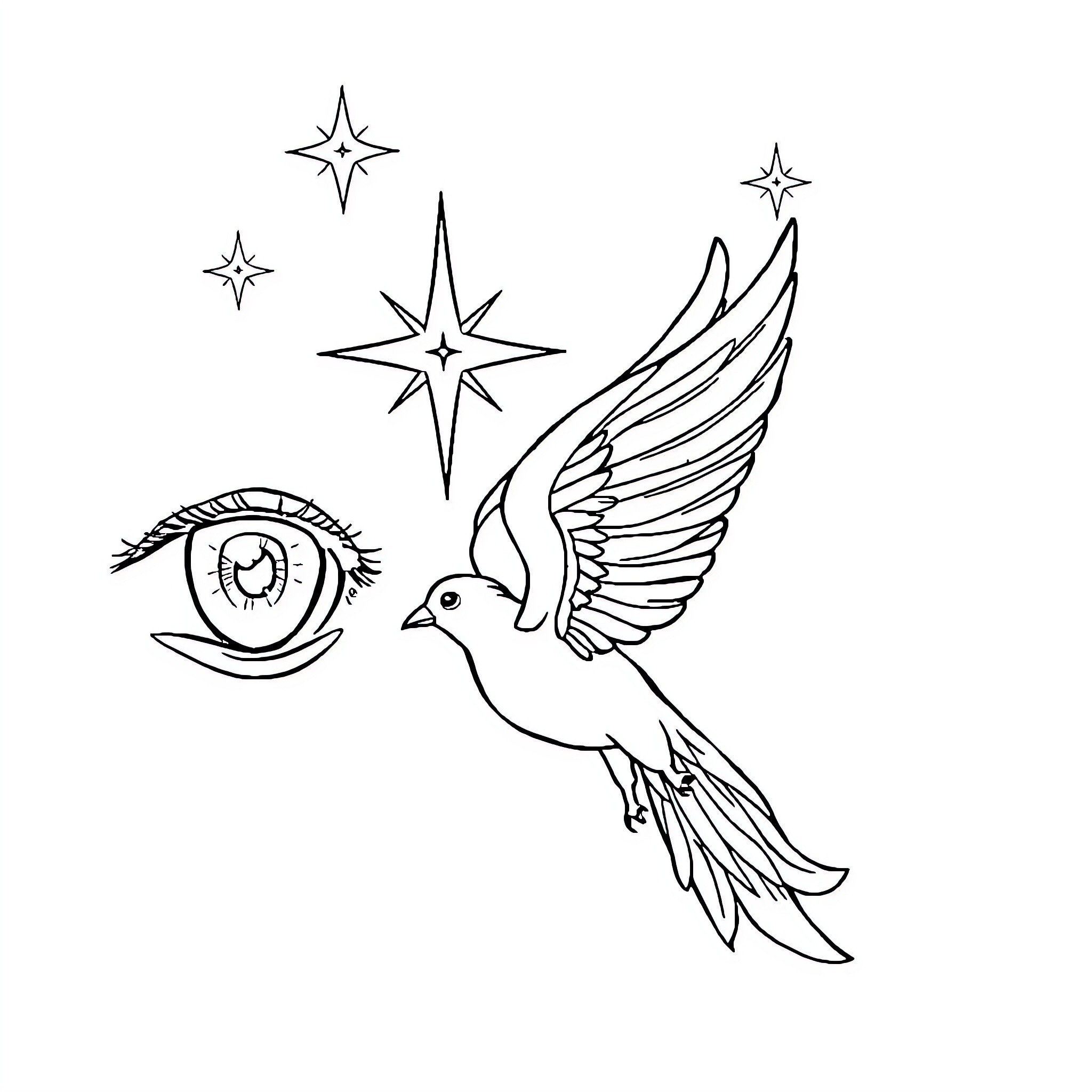 Eye-catching Celestial Dove with Sparkling Stars Coloring Page (free black-and-white line drawing printable PDF for all, from beginners to advanced learners, including children, teens, adults, and seniors)