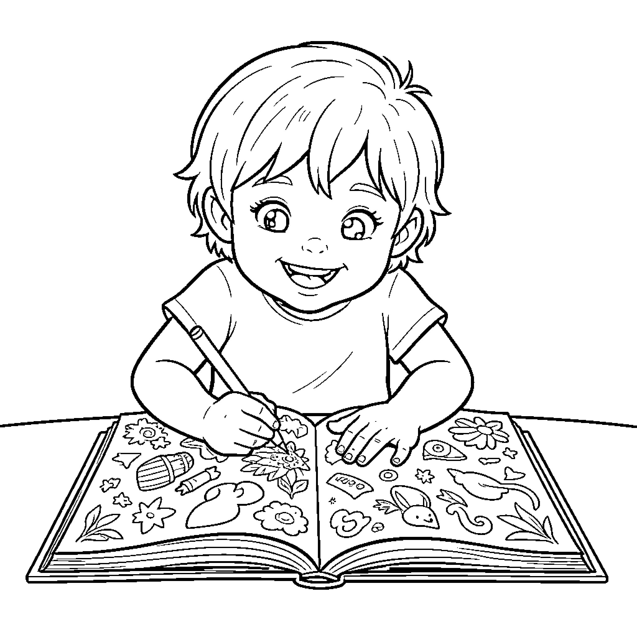 Child smiling while drawing in a book Coloring Page (free black-and-white line drawing printable PDF for all, from beginners to advanced learners, including children, teens, adults, and seniors)