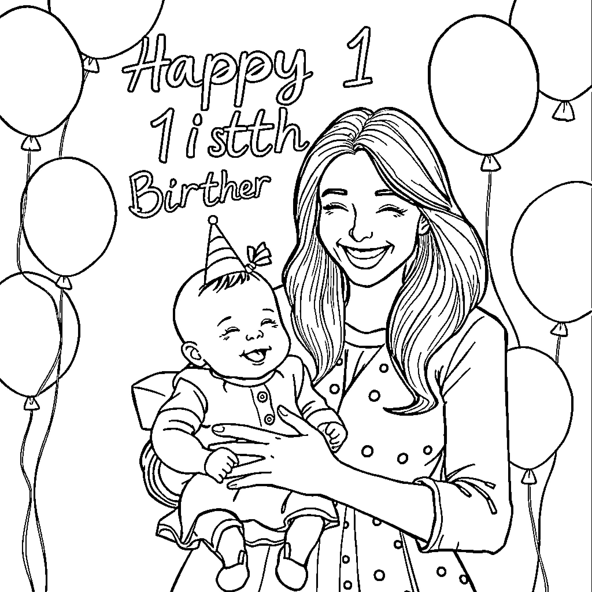Mrs Rachel celebrates happy 1st birthday with baby Coloring Page (free black-and-white line drawing printable PDF for all, from beginners to advanced learners, including children, teens, adults, and seniors)