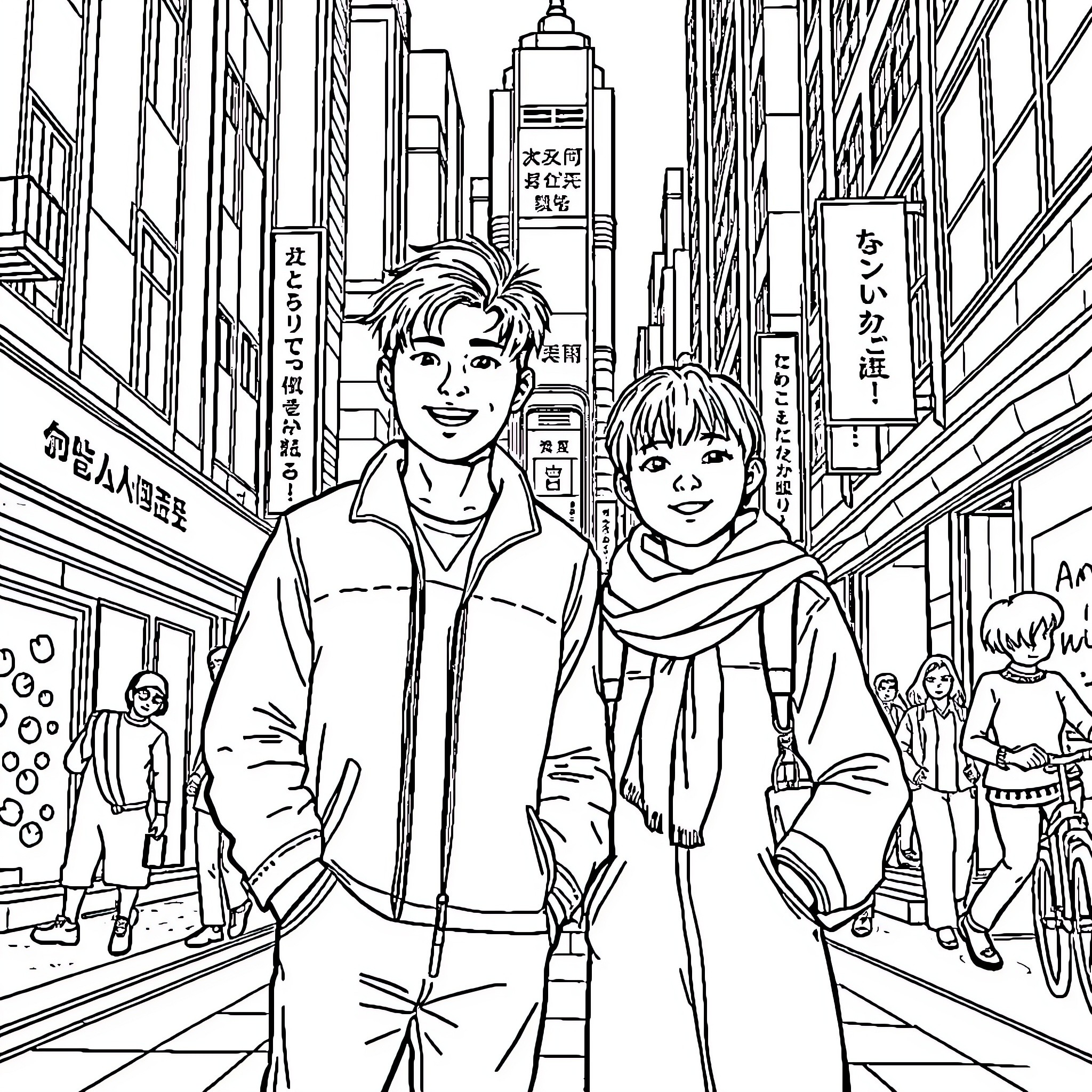 Gi hun and companion exploring the city streets Coloring Page (free black-and-white line drawing printable PDF for all, from beginners to advanced learners, including children, teens, adults, and seniors)