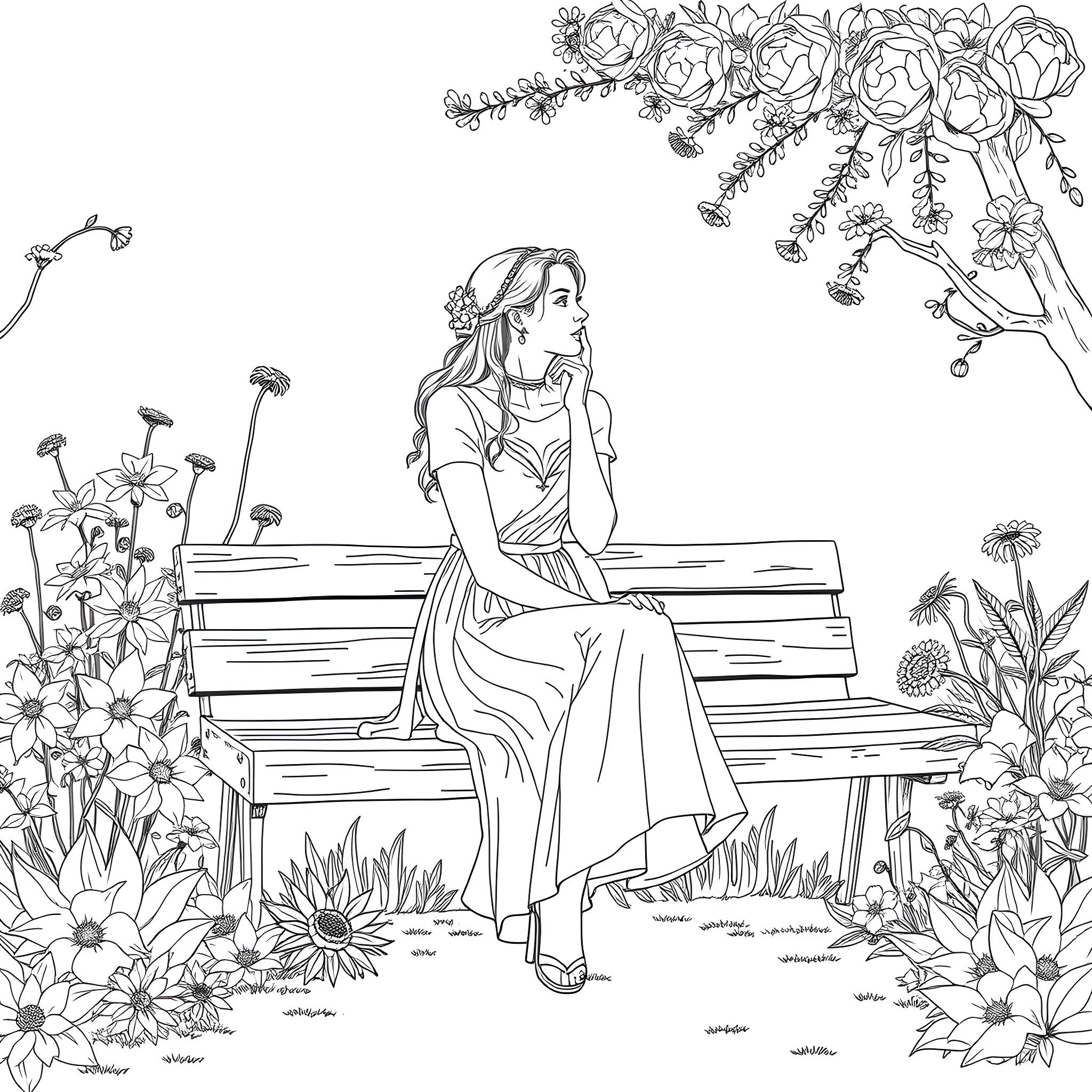 Woman sitting peacefully on a park bench surrounded by flowers Coloring Page (free black-and-white line drawing printable PDF for all, from beginners to advanced learners, including children, teens, adults, and seniors)