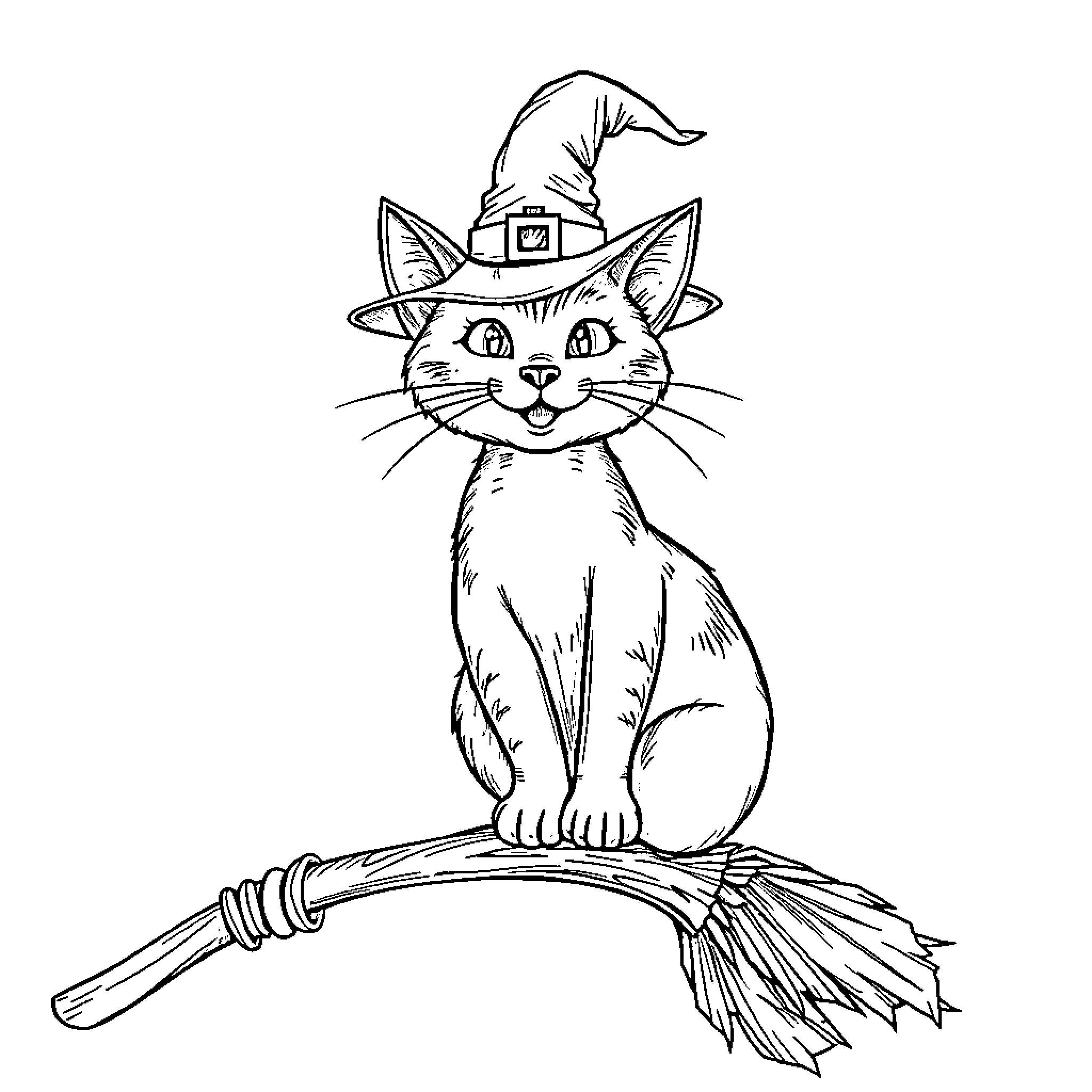 Cat with Witch Hat on Broomstick Coloring Page (free black-and-white line drawing printable PDF for all, from beginners to advanced learners, including children, teens, adults, and seniors)