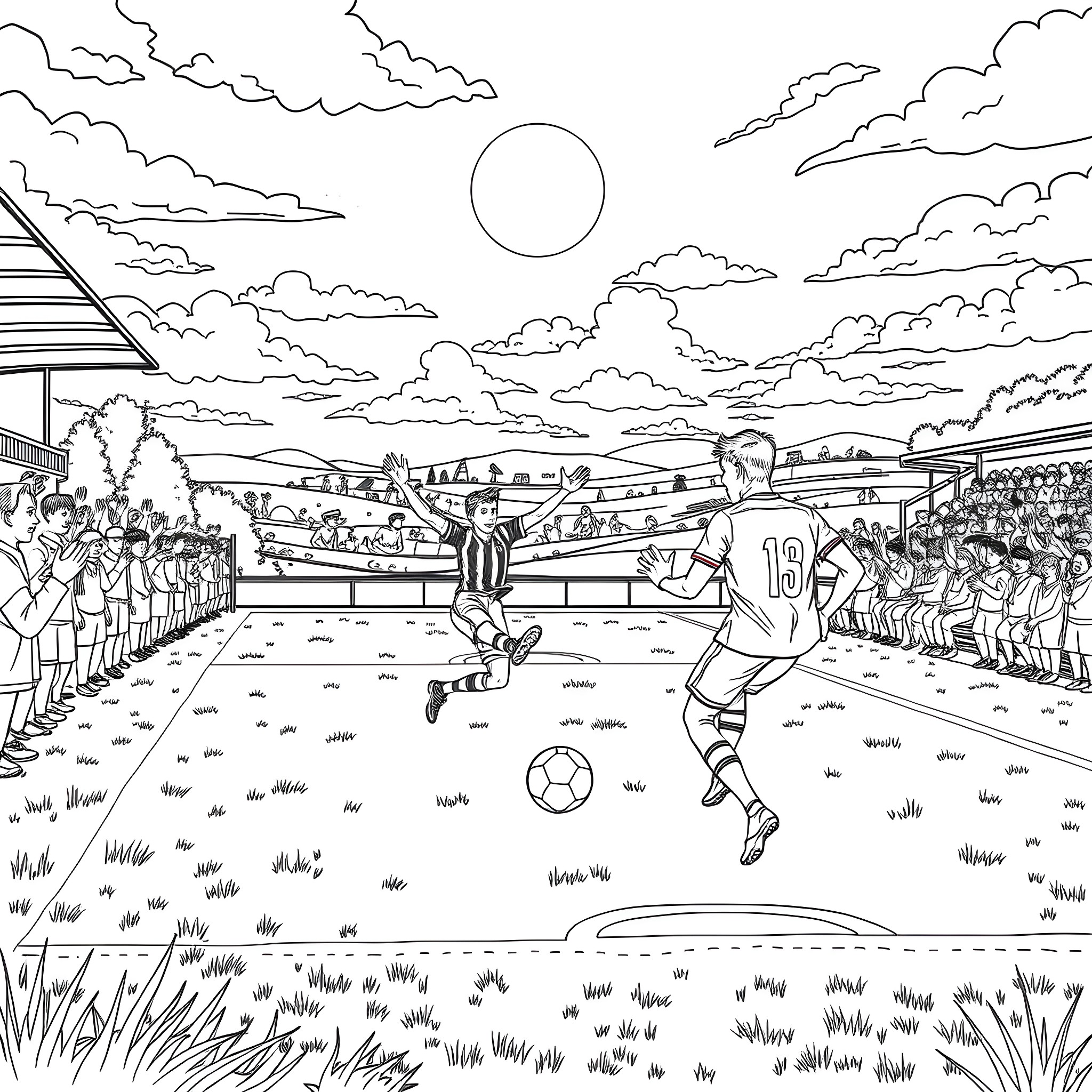 Football players in an intense match on the field Coloring Page (free black-and-white line drawing printable PDF for all, from beginners to advanced learners, including children, teens, adults, and seniors)