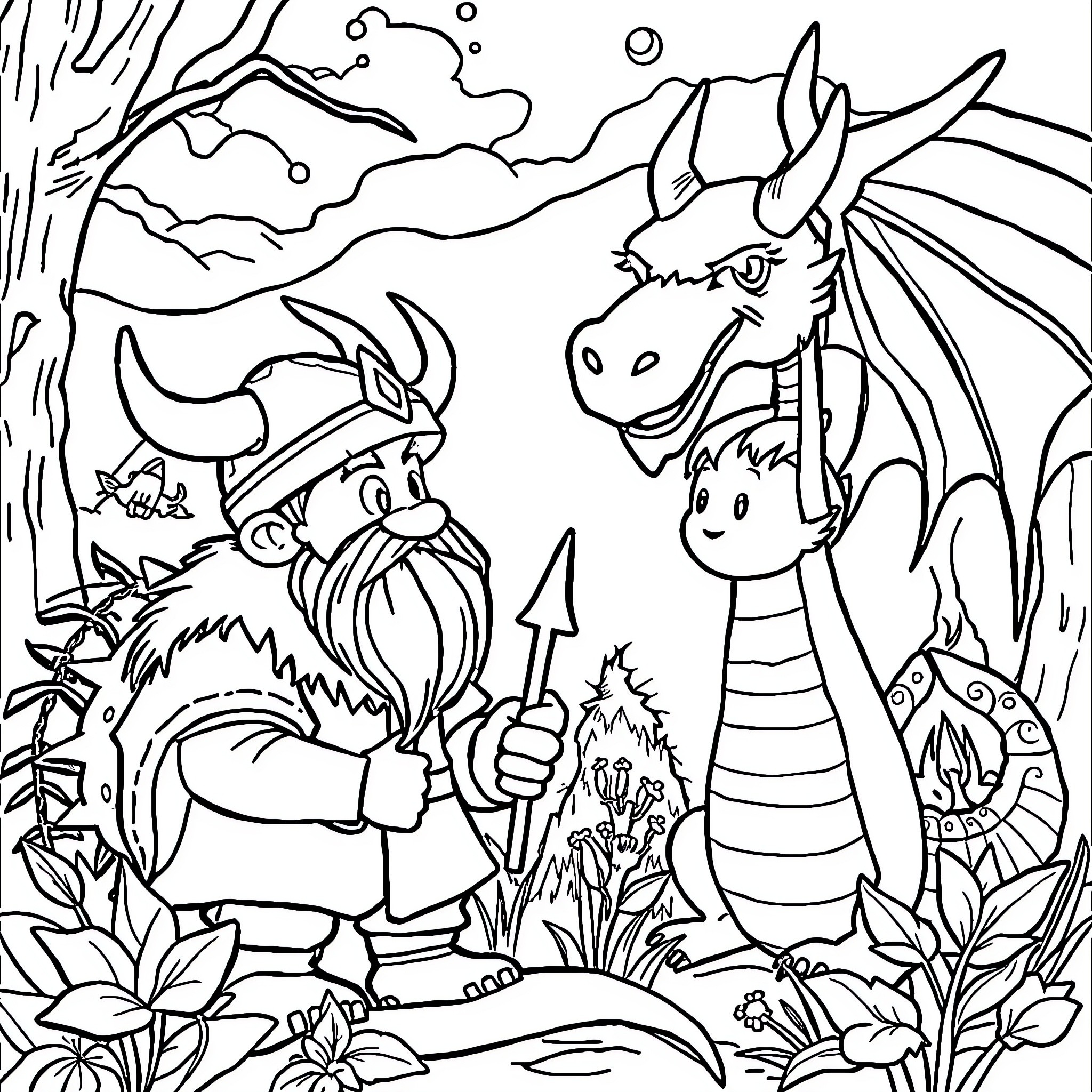 Dragon Adventurers Exploring the Magical Forest Coloring Page (free black-and-white line drawing printable PDF for all, from beginners to advanced learners, including children, teens, adults, and seniors)