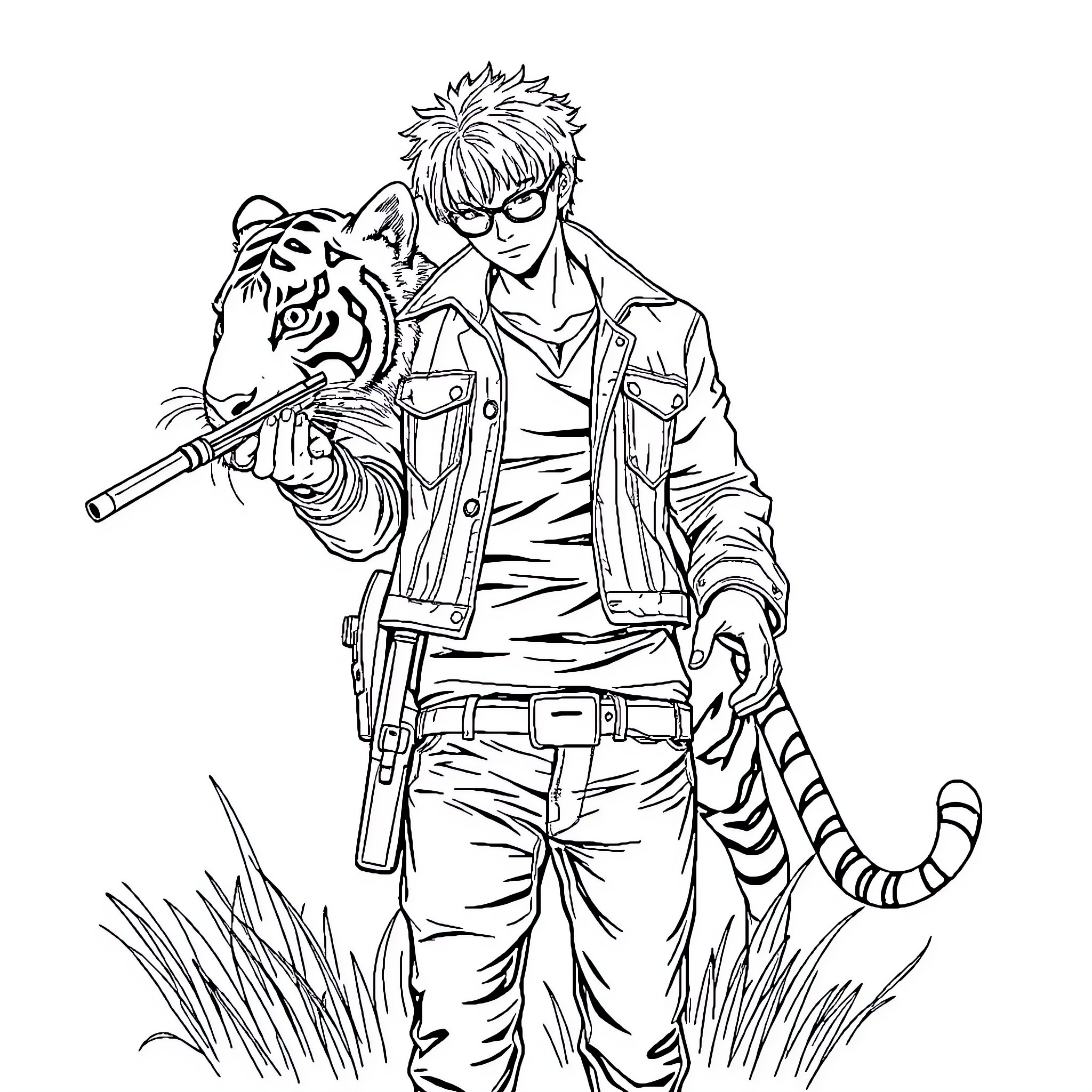 Hunting Tiger with Determination and Courage Coloring Page (free black-and-white line drawing printable PDF for all, from beginners to advanced learners, including children, teens, adults, and seniors)