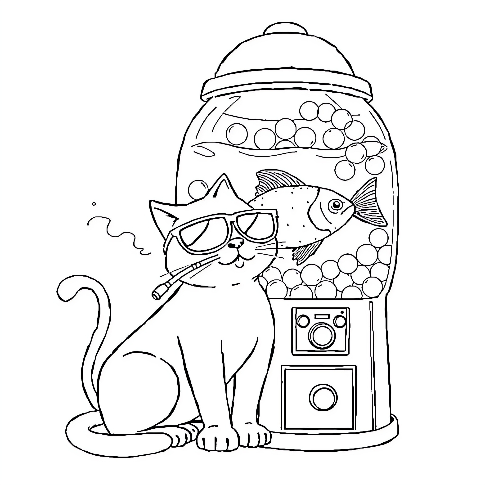 Cat sitting by fishbowl gumball machine Coloring Page (free black-and-white line drawing printable PDF for all, from beginners to advanced learners, including children, teens, adults, and seniors)