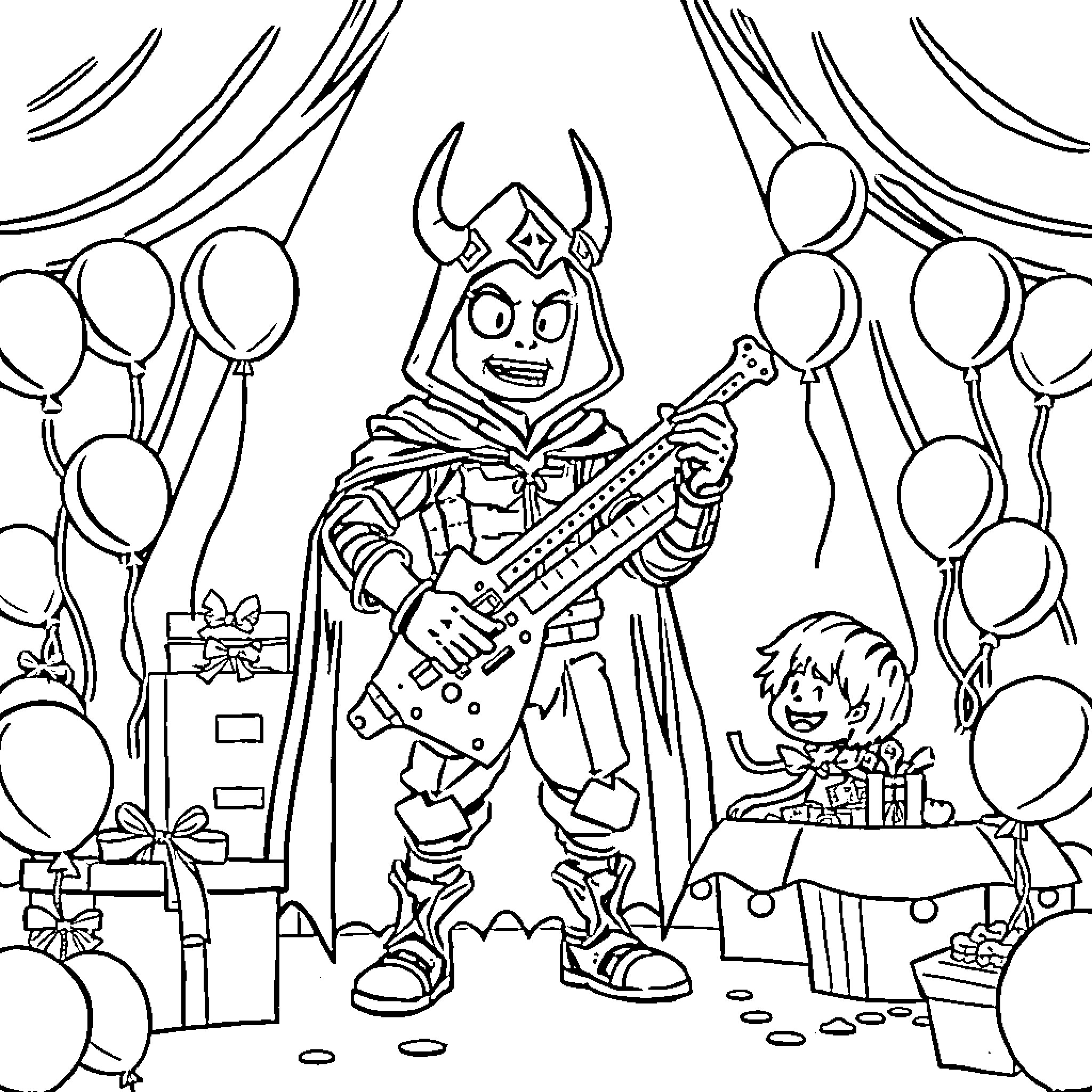 Slayer's Rocking Party with Balloons and Presents Coloring Page (free black-and-white line drawing printable PDF for all, from beginners to advanced learners, including children, teens, adults, and seniors)