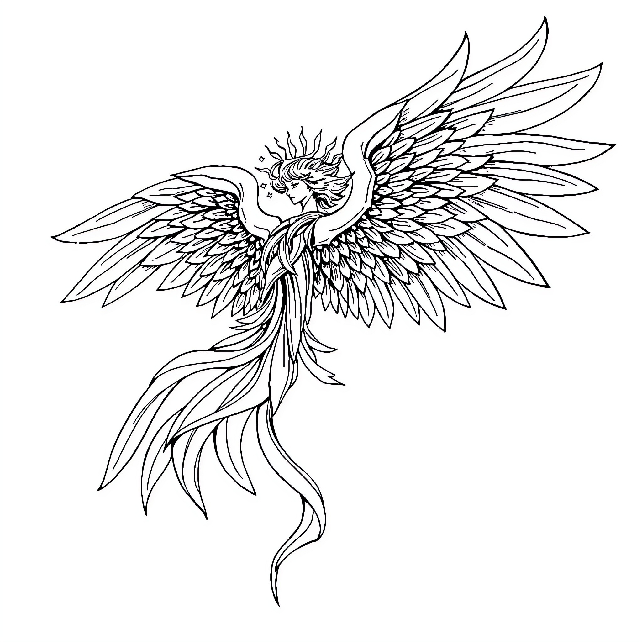 Angel with majestic wings soaring gracefully Coloring Page (free black-and-white line drawing printable PDF for all, from beginners to advanced learners, including children, teens, adults, and seniors)