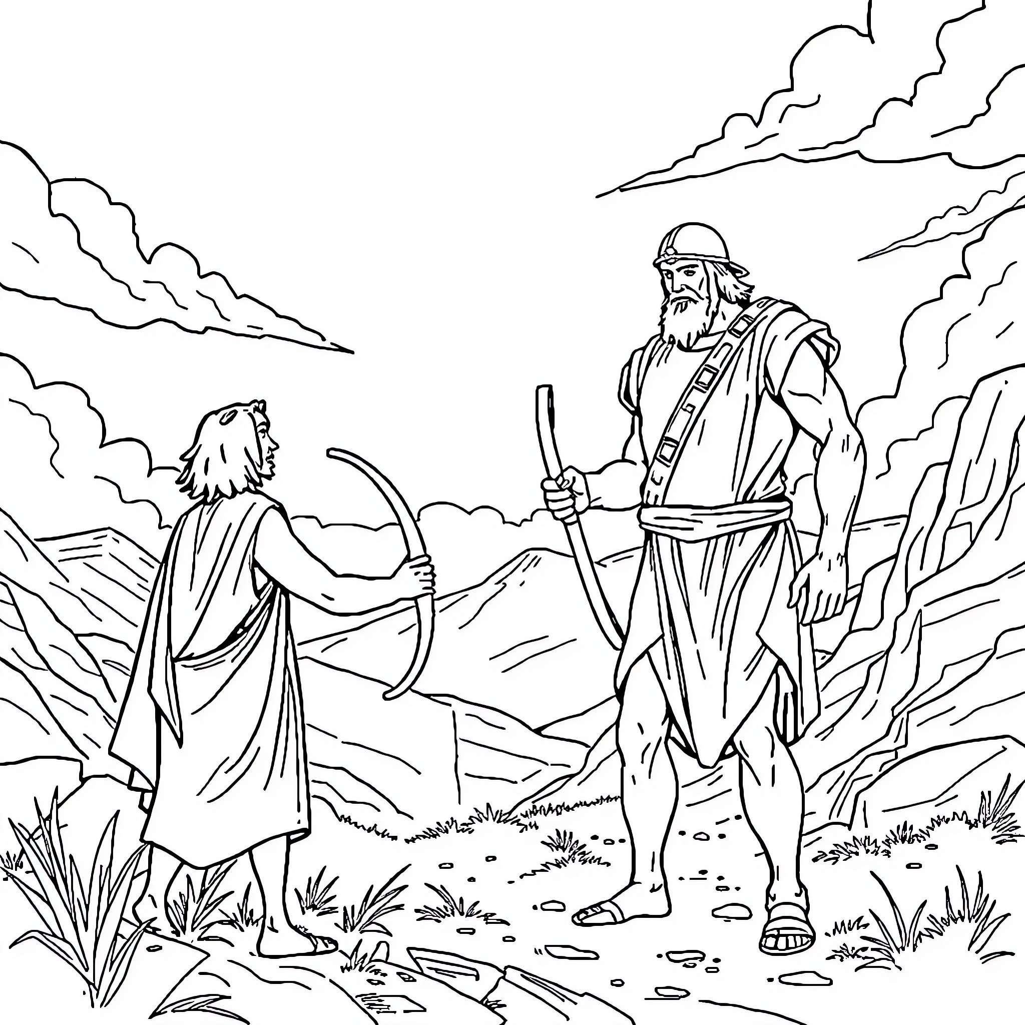 David vs Goliath: Shepherd's Sling Meets Giant's Spear Coloring Page (free black-and-white line drawing printable PDF for all, from beginners to advanced learners, including children, teens, adults, and seniors)