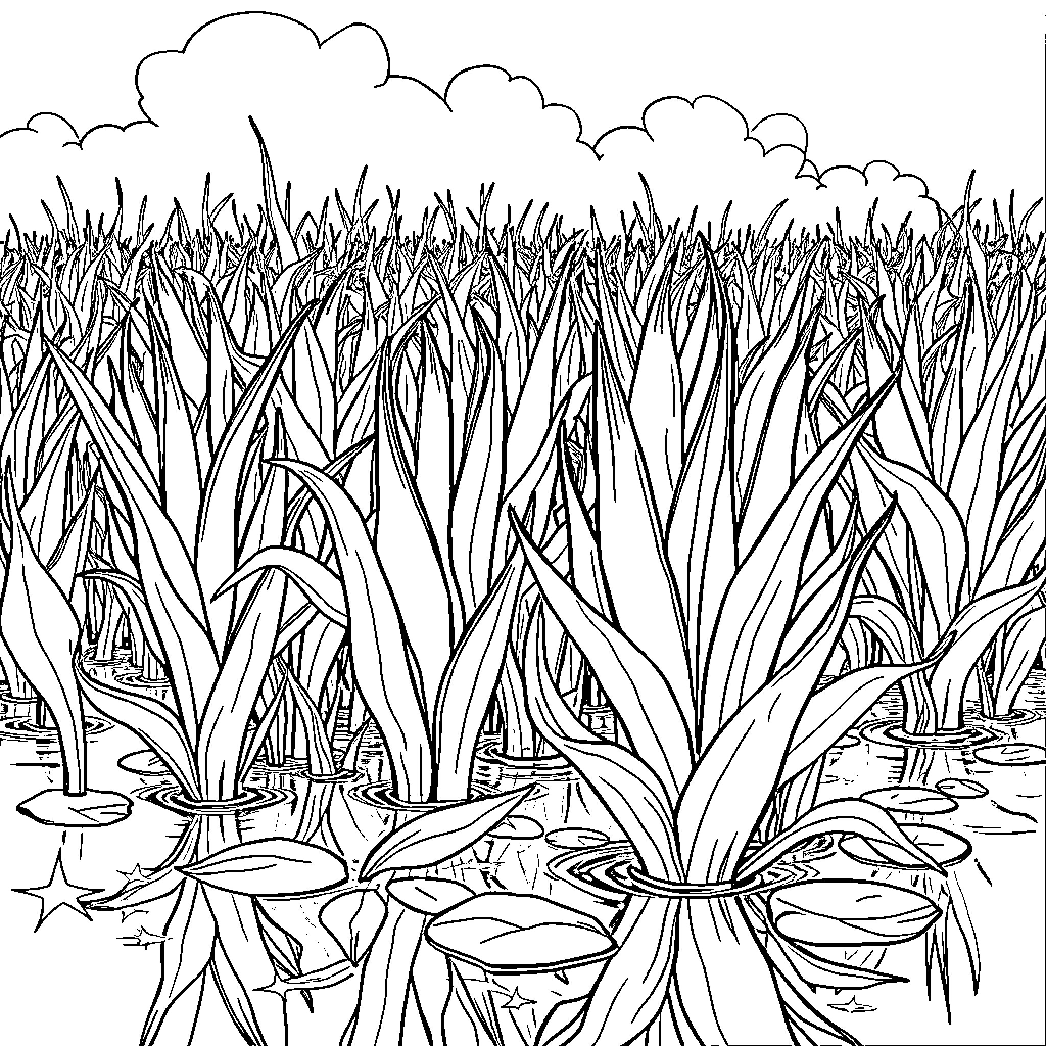 Taro in a lush, wetland landscape Coloring Page (free black-and-white line drawing printable PDF for all, from beginners to advanced learners, including children, teens, adults, and seniors)