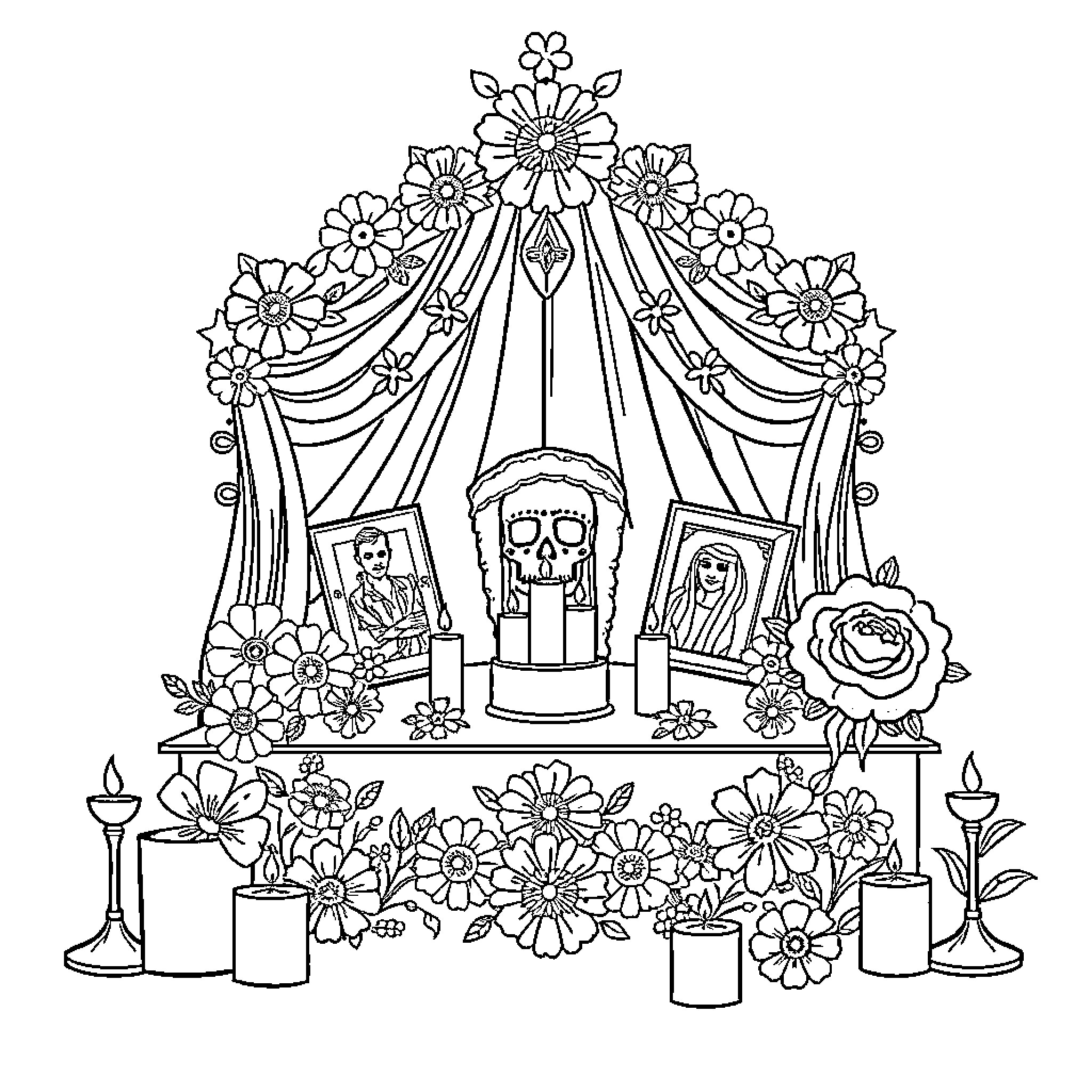 Ofrenda honoring the deceased with flowers and candles Coloring Page (free black-and-white line drawing printable PDF for all, from beginners to advanced learners, including children, teens, adults, and seniors)