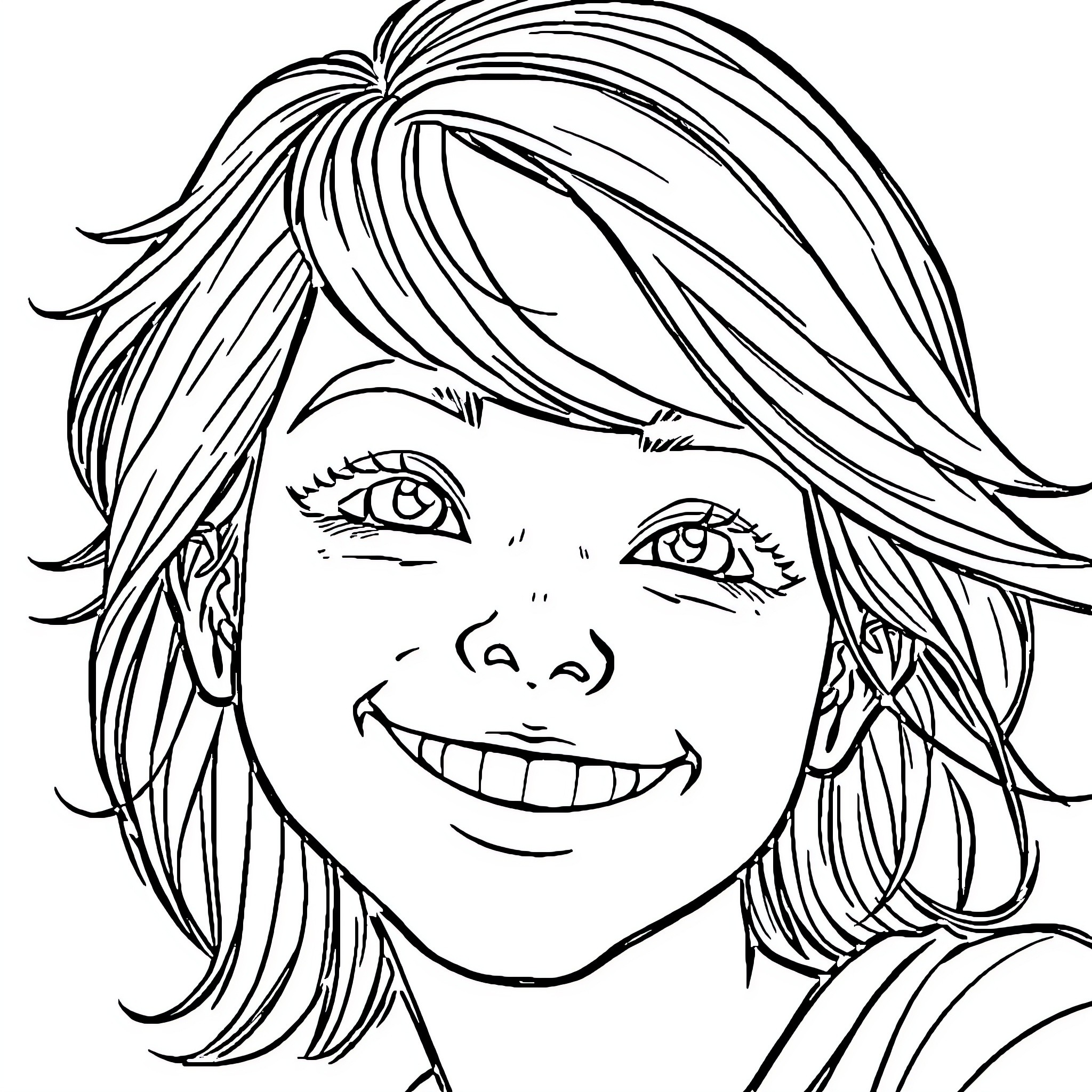 Teenage Girl Smiling Cheerfully with Wavy Hair Coloring Page (free black-and-white line drawing printable PDF for all, from beginners to advanced learners, including children, teens, adults, and seniors)