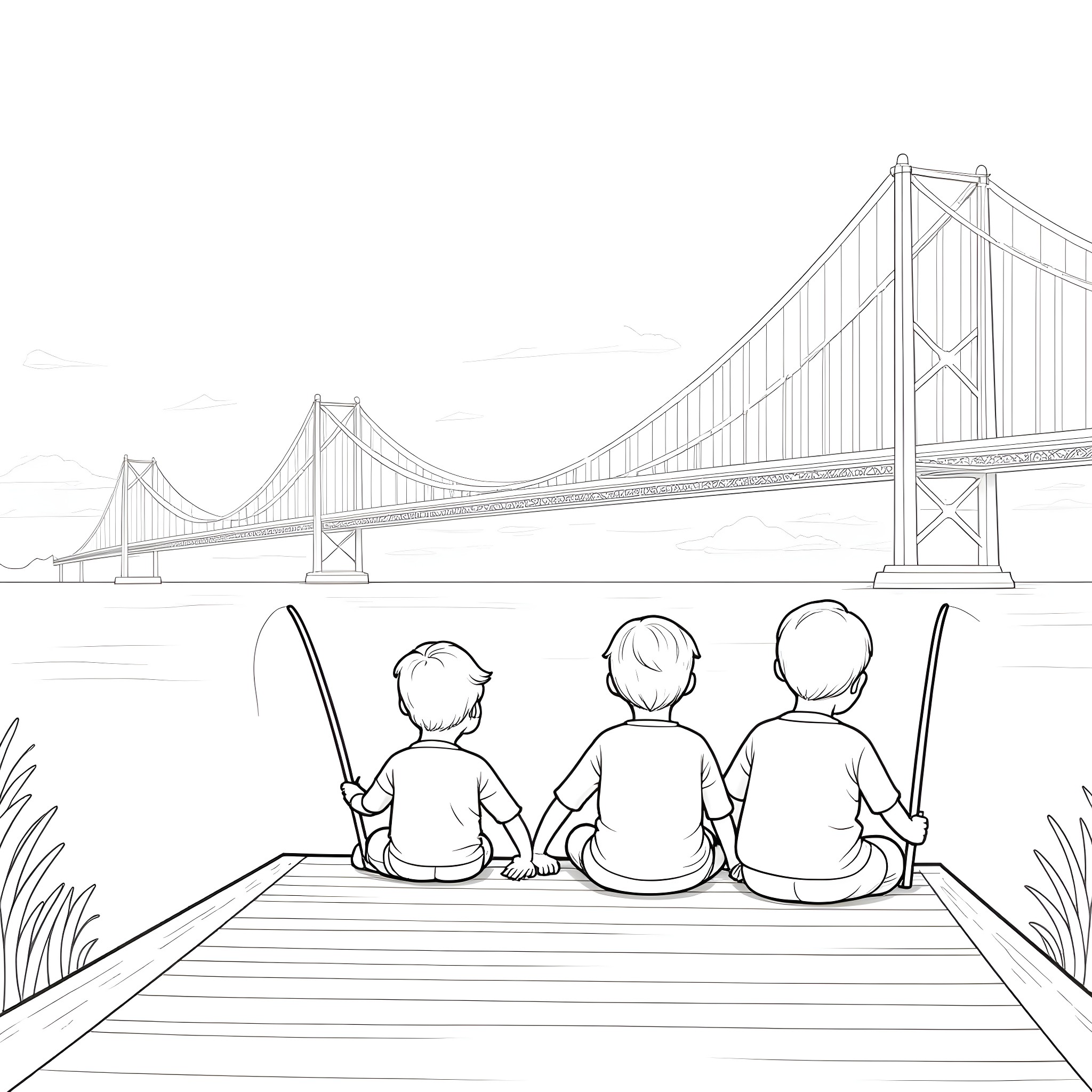 Kids enjoying the view of the bridge Coloring Page (free black-and-white line drawing printable PDF for all, from beginners to advanced learners, including children, teens, adults, and seniors)