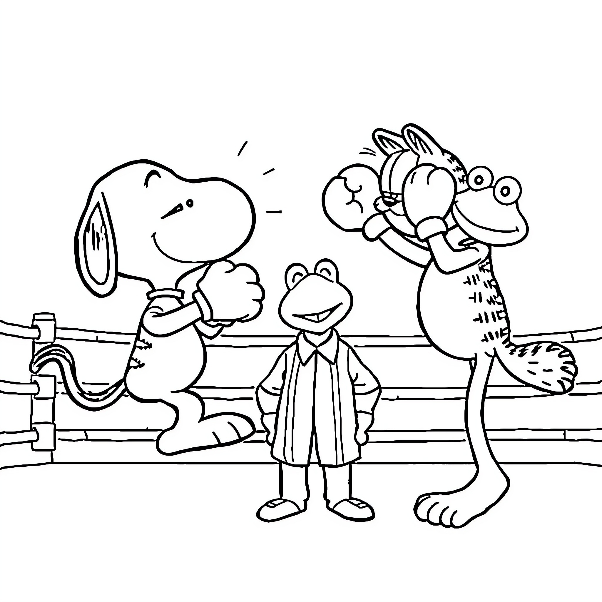 Snoopy and friends in a playful scene Coloring Page (free black-and-white line drawing printable PDF for all, from beginners to advanced learners, including children, teens, adults, and seniors)
