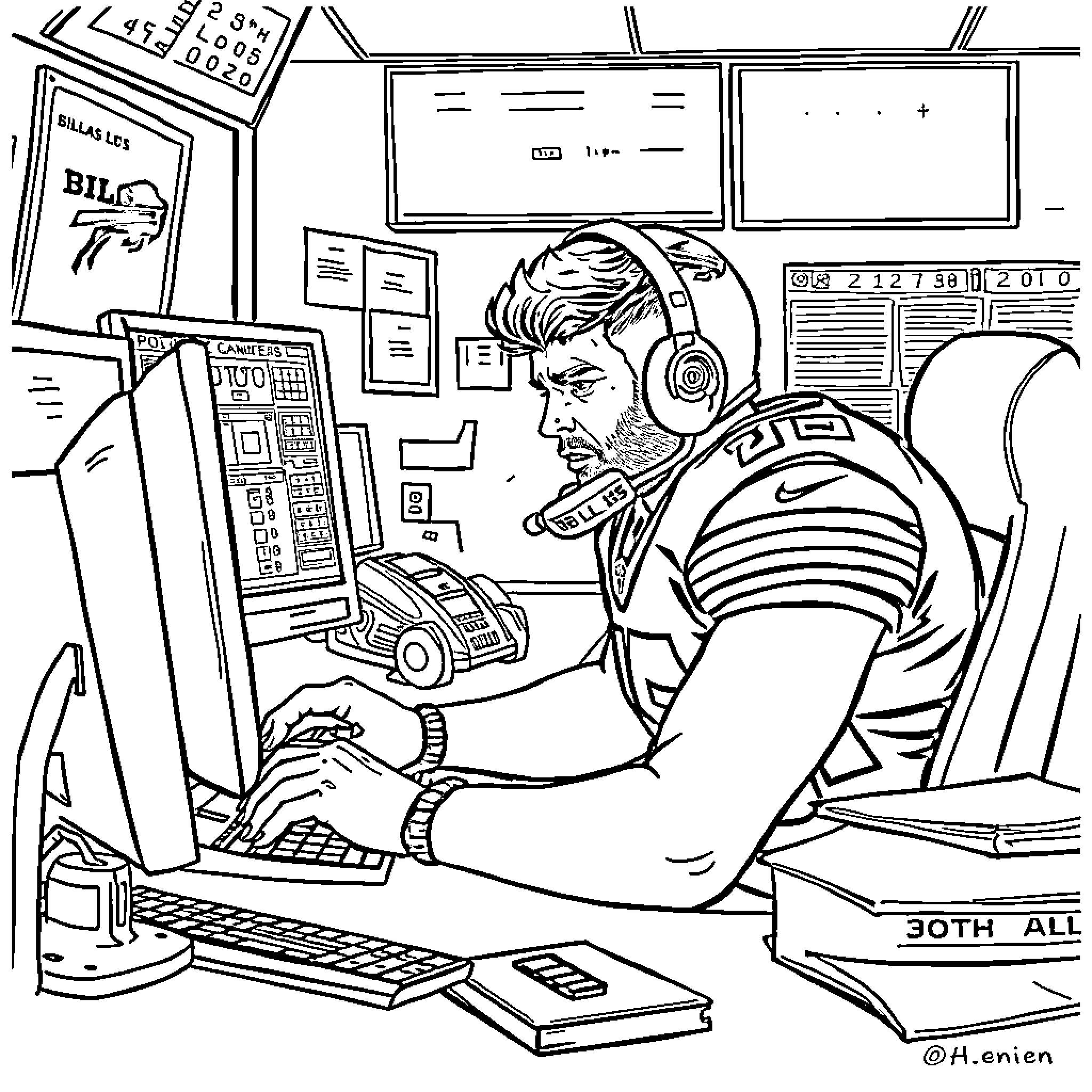Josh Allen gaming and multitasking in his office Coloring Page (free black-and-white line drawing printable PDF for all, from beginners to advanced learners, including children, teens, adults, and seniors)