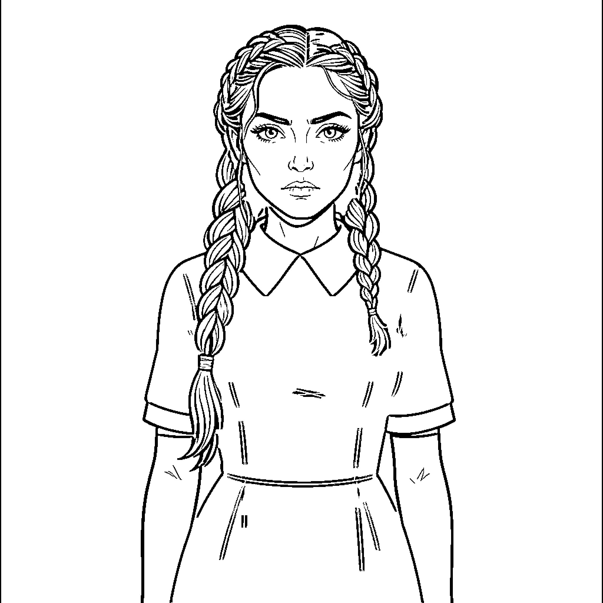 Wednesday standing with a serious and intense expression Coloring Page (free black-and-white line drawing printable PDF for all, from beginners to advanced learners, including children, teens, adults, and seniors)