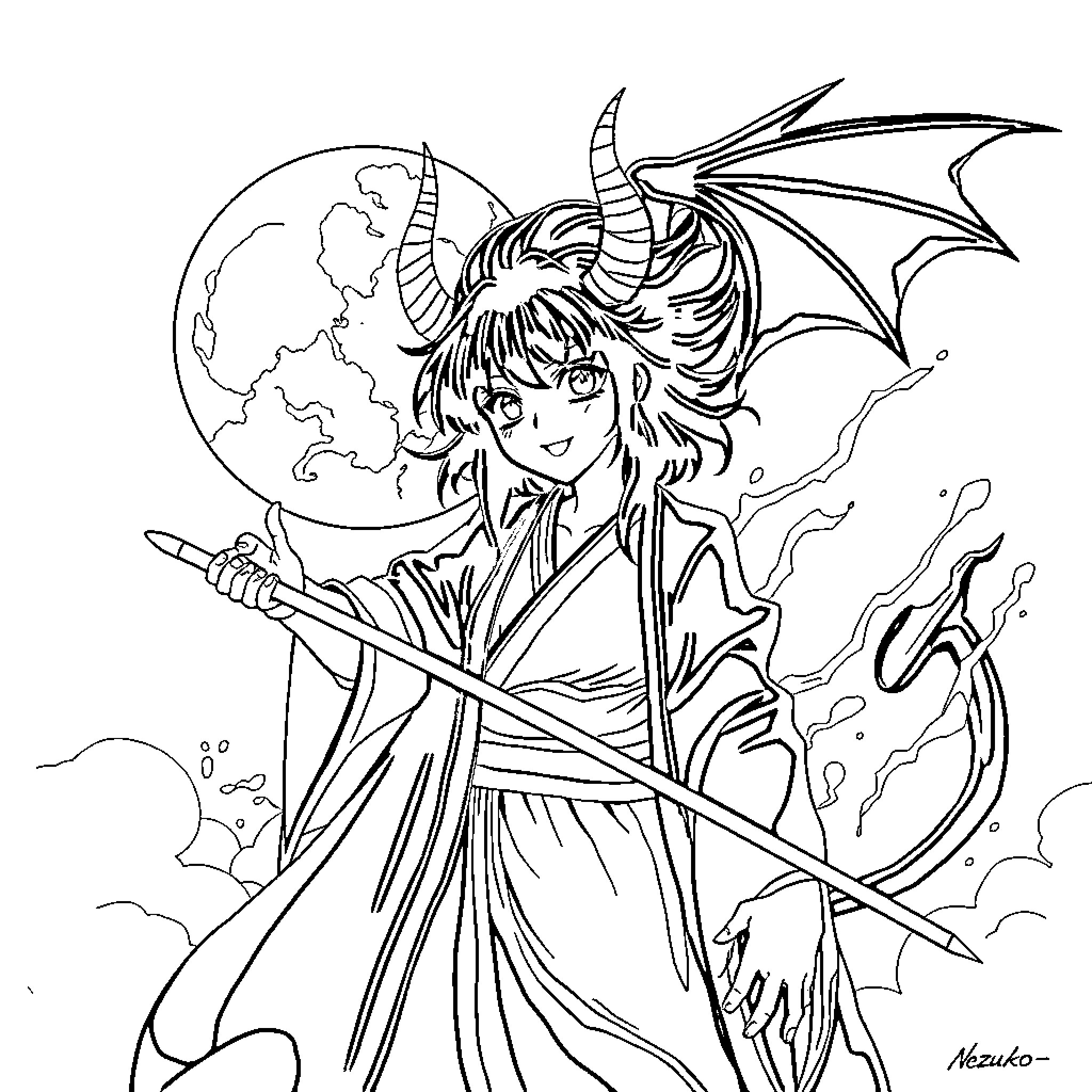 Nezuko wielding a magical staff amidst a mystical scene Coloring Page (free black-and-white line drawing printable PDF for all, from beginners to advanced learners, including children, teens, adults, and seniors)