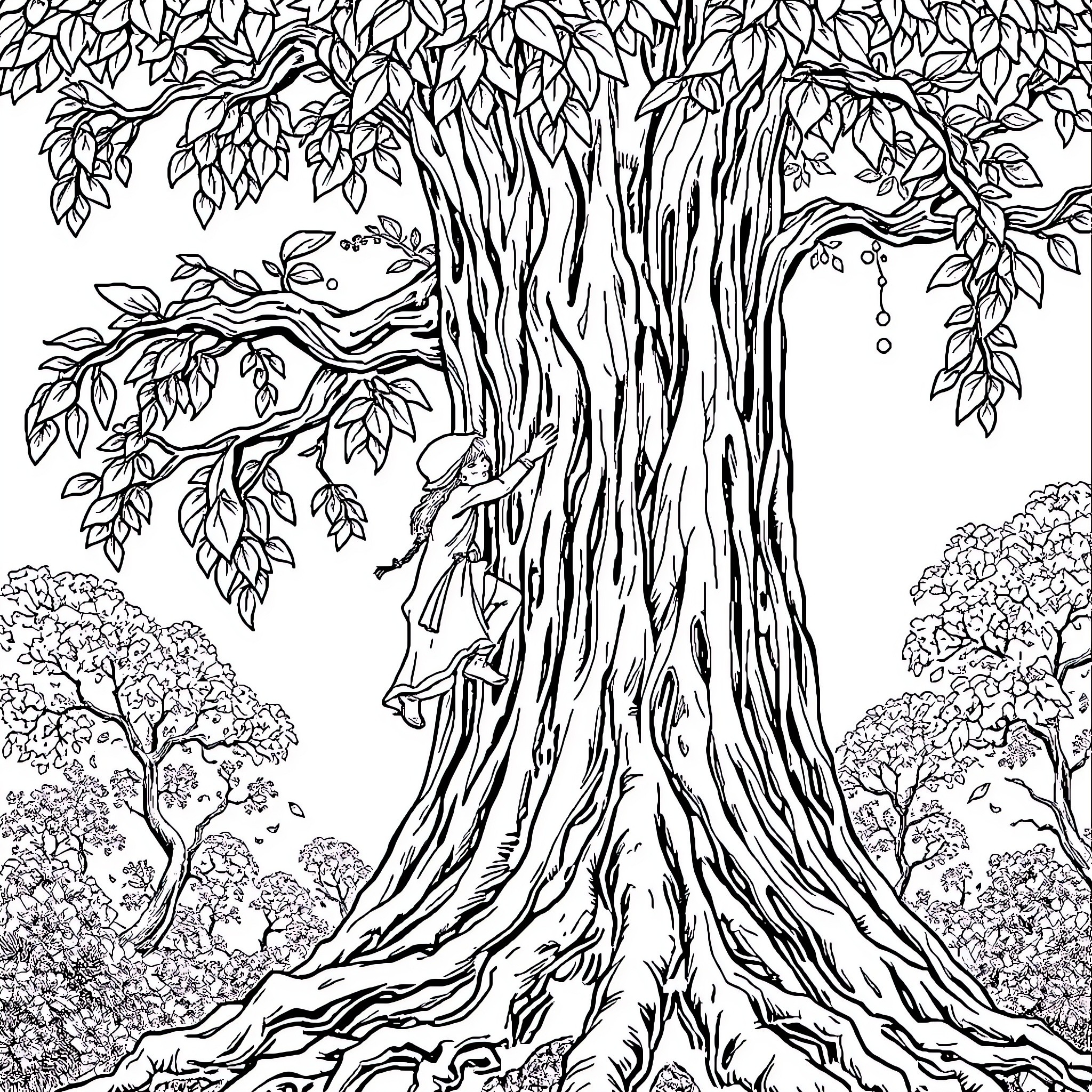 Tarnished Giant Trunks and Twisted Branches Coloring Page (free black-and-white line drawing printable PDF for all, from beginners to advanced learners, including children, teens, adults, and seniors)