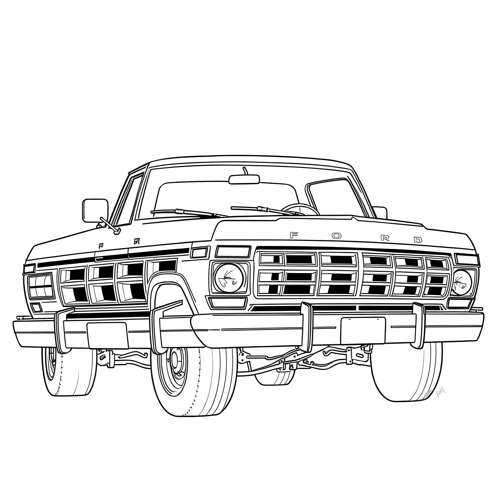 Ford Pickup Truck in Bold Outline Coloring Page (free black-and-white line drawing printable PDF for all, from beginners to advanced learners, including children, teens, adults, and seniors)