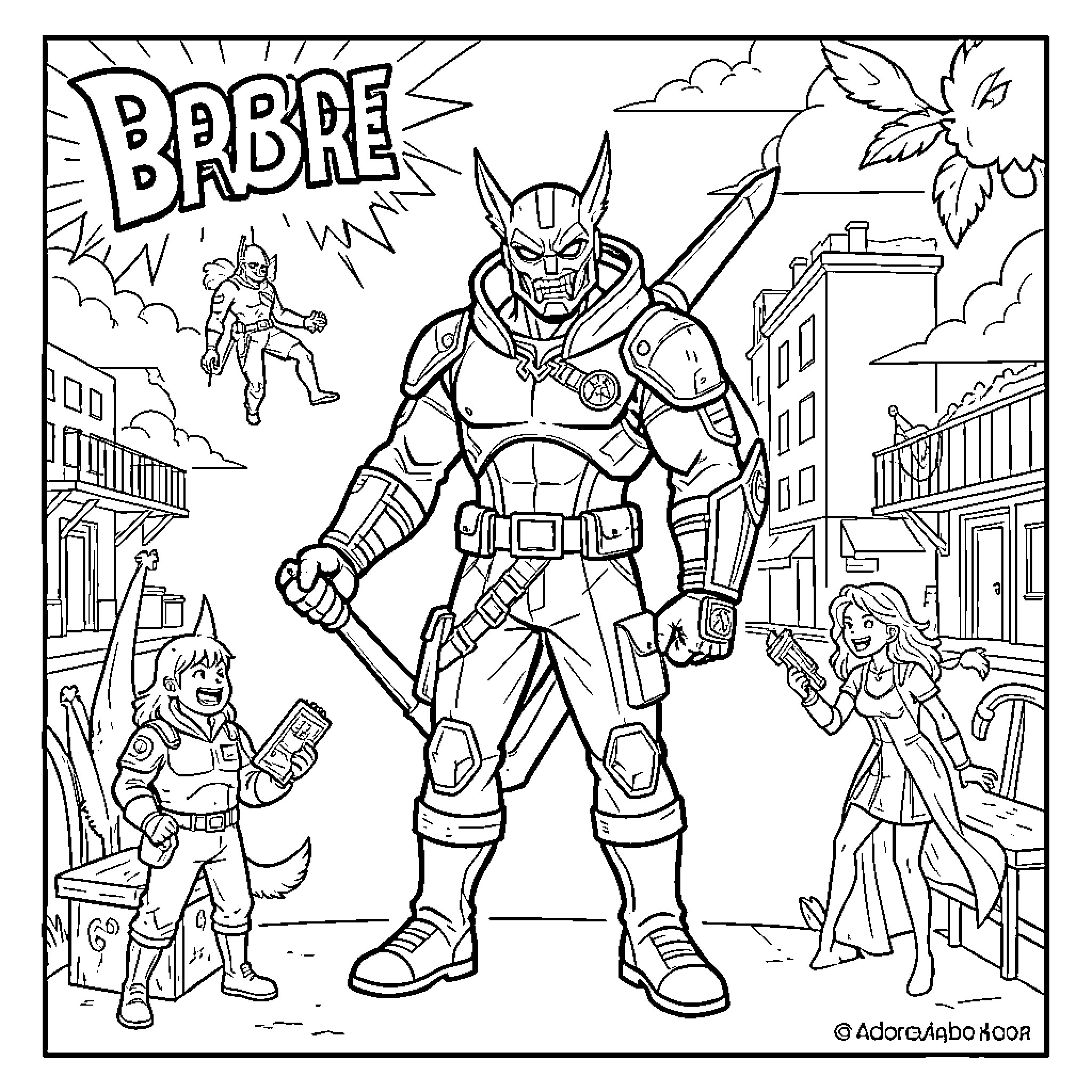 Pop Culture Character hero standing heroically in a city Coloring Page (free black-and-white line drawing printable PDF for all, from beginners to advanced learners, including children, teens, adults, and seniors)