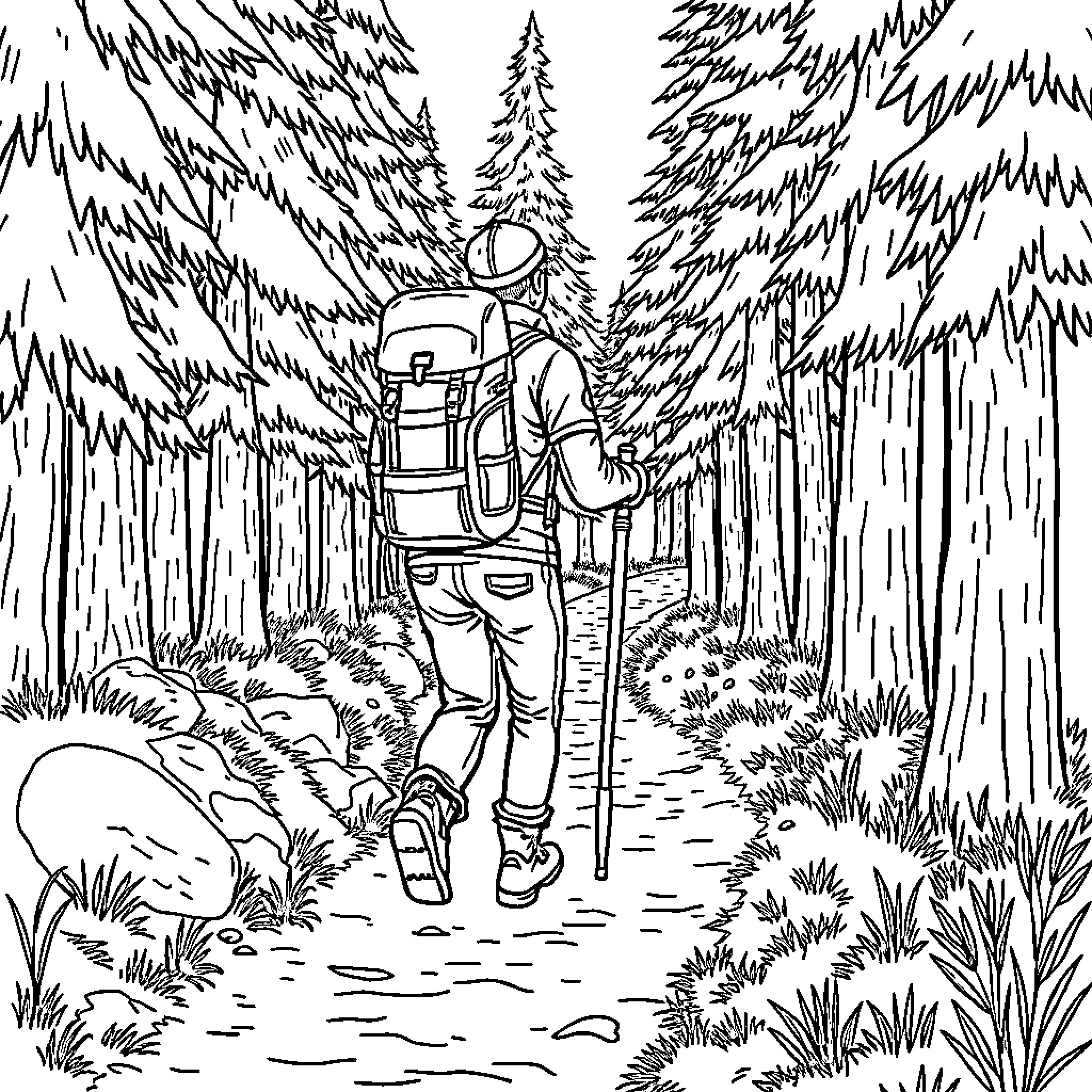 Hiker trekking through dense forest trail Coloring Page (free black-and-white line drawing printable PDF for all, from beginners to advanced learners, including children, teens, adults, and seniors)