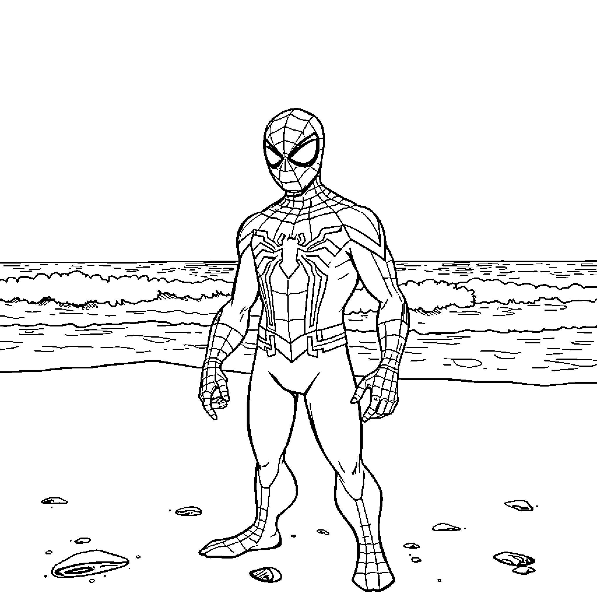 Spider-Man standing on the beach Coloring Page (free black-and-white line drawing printable PDF for all, from beginners to advanced learners, including children, teens, adults, and seniors)