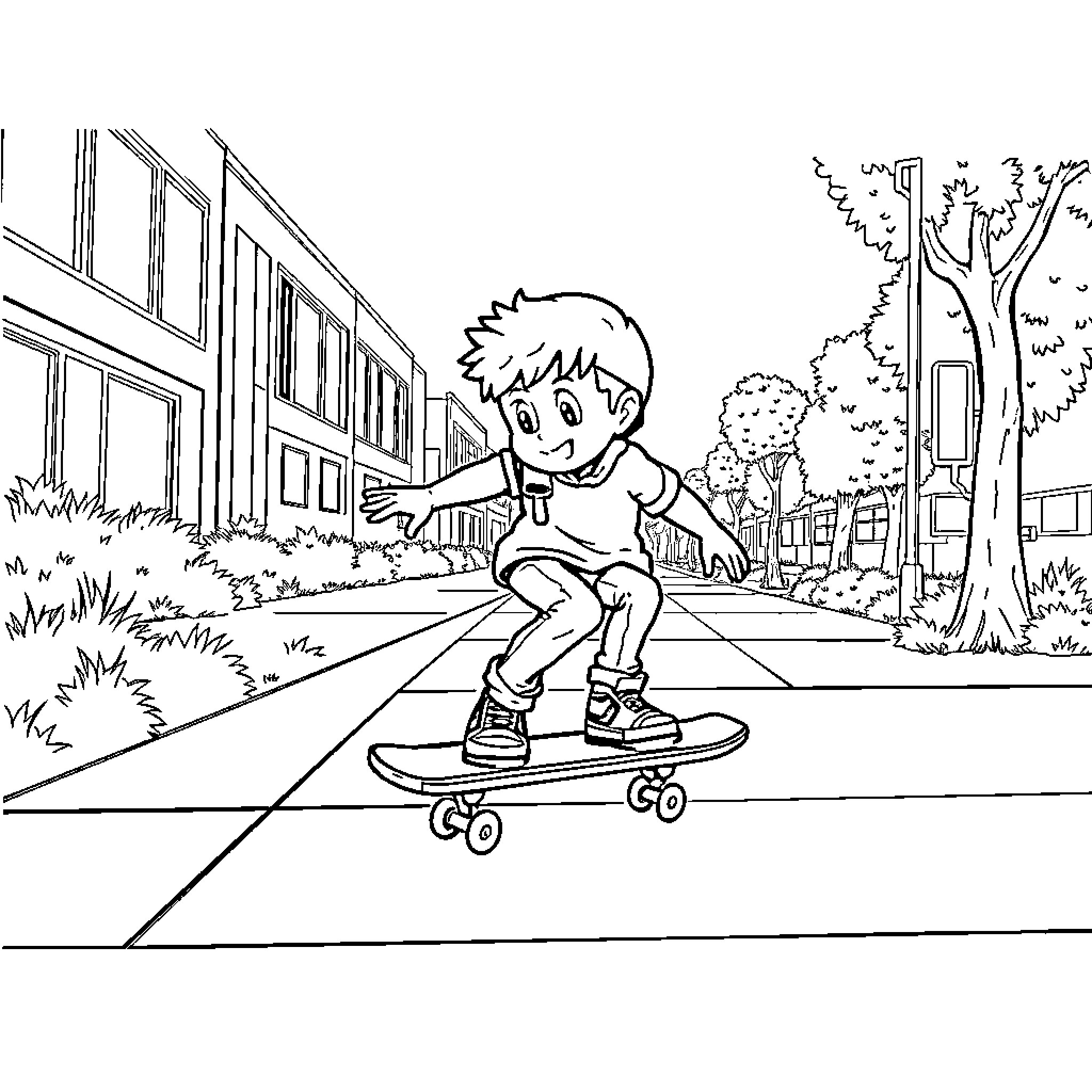 Skate boarding boy enjoying outdoor scene Coloring Page (free black-and-white line drawing printable PDF for all, from beginners to advanced learners, including children, teens, adults, and seniors)