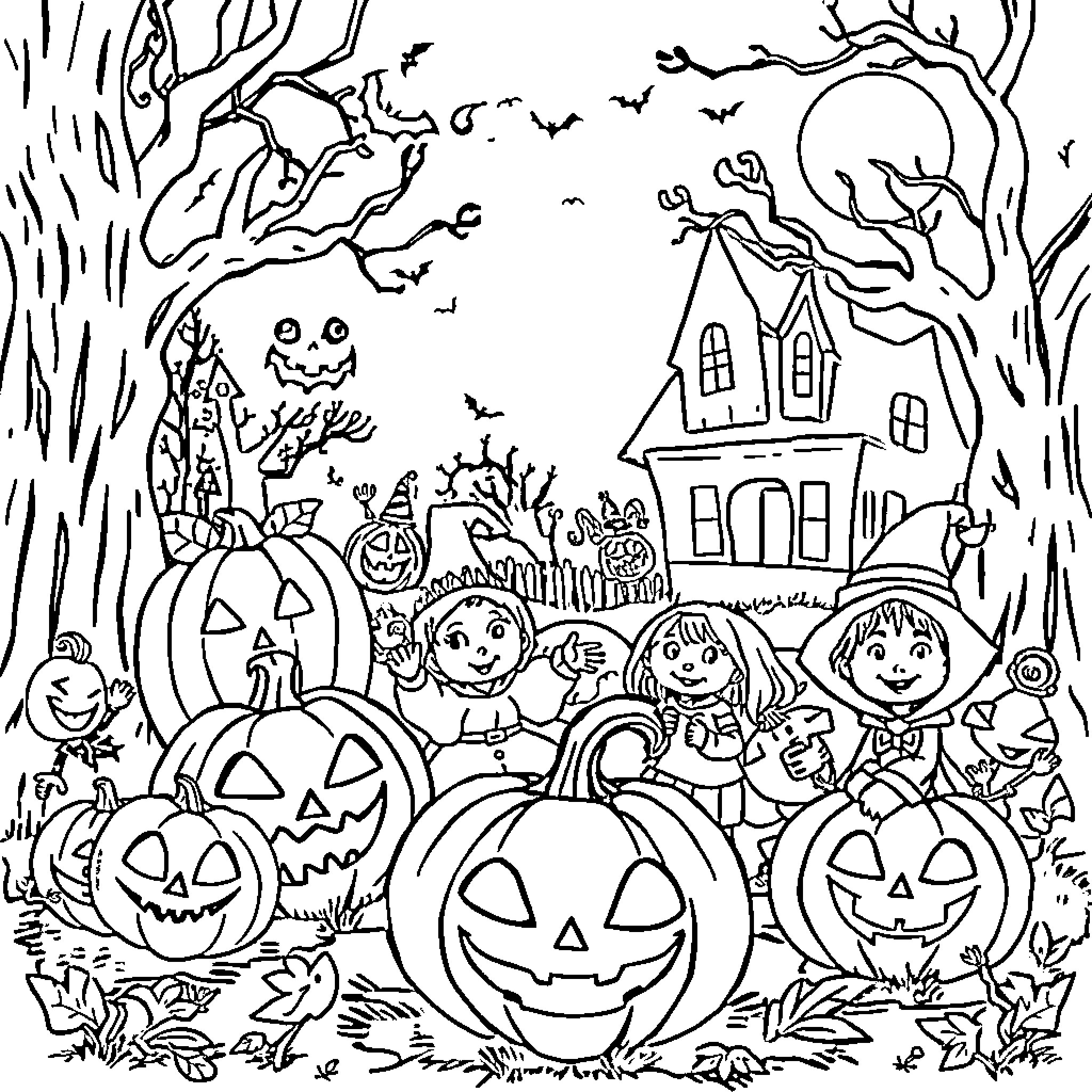 Halloween Celebration with Pumpkins, Kids, and Spooky Elements Coloring Page (free black-and-white line drawing printable PDF for all, from beginners to advanced learners, including children, teens, adults, and seniors)