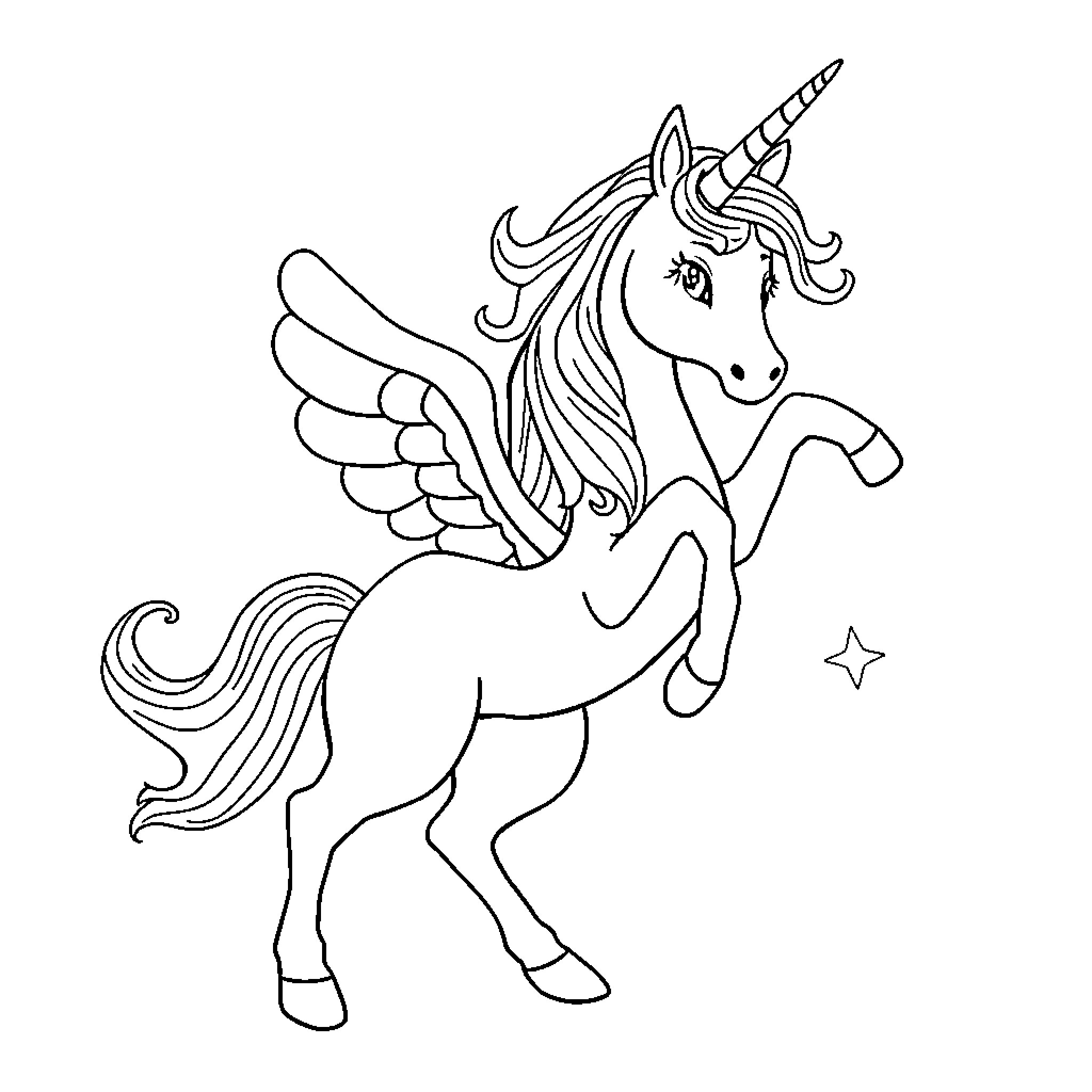 Unicorn flying gracefully in the sky Coloring Page (free black-and-white line drawing printable PDF for all, from beginners to advanced learners, including children, teens, adults, and seniors)