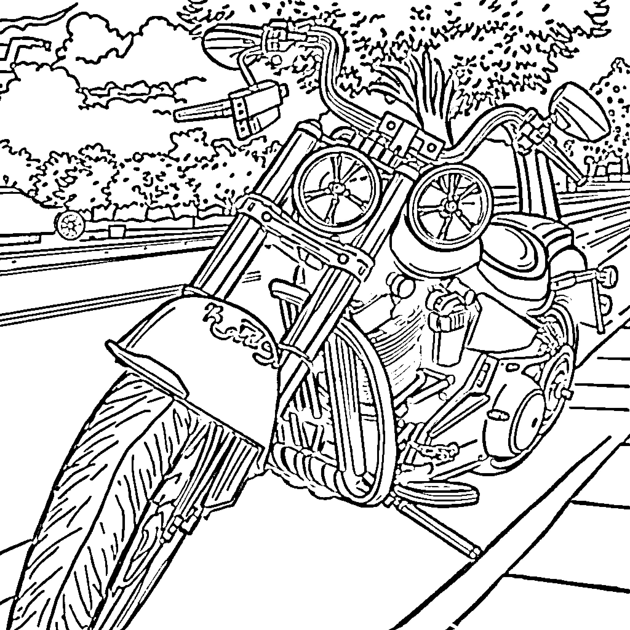 Harley Davidson motorcycle on the open road Coloring Page (free black-and-white line drawing printable PDF for all, from beginners to advanced learners, including children, teens, adults, and seniors)