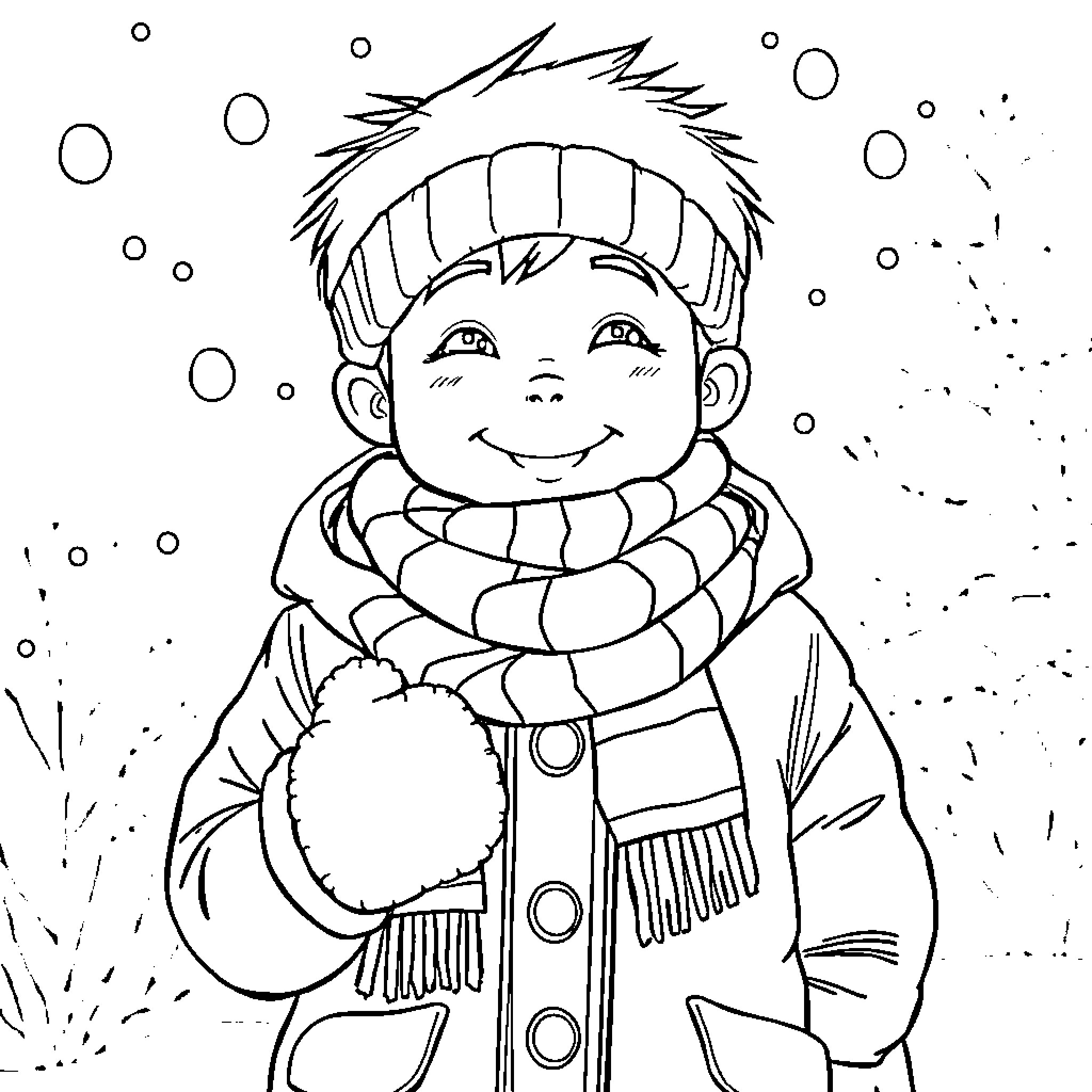 Boy playing in the snow wearing warm winter clothing Coloring Page (free black-and-white line drawing printable PDF for all, from beginners to advanced learners, including children, teens, adults, and seniors)