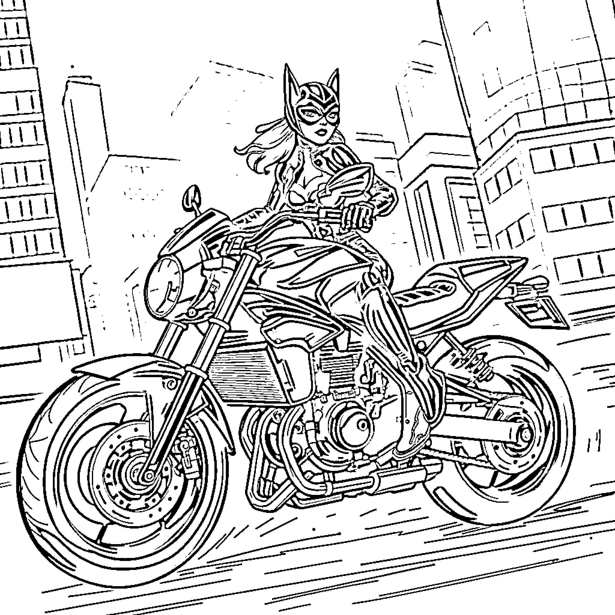 Catwoman races through the city on a motorcycle Coloring Page (free black-and-white line drawing printable PDF for all, from beginners to advanced learners, including children, teens, adults, and seniors)