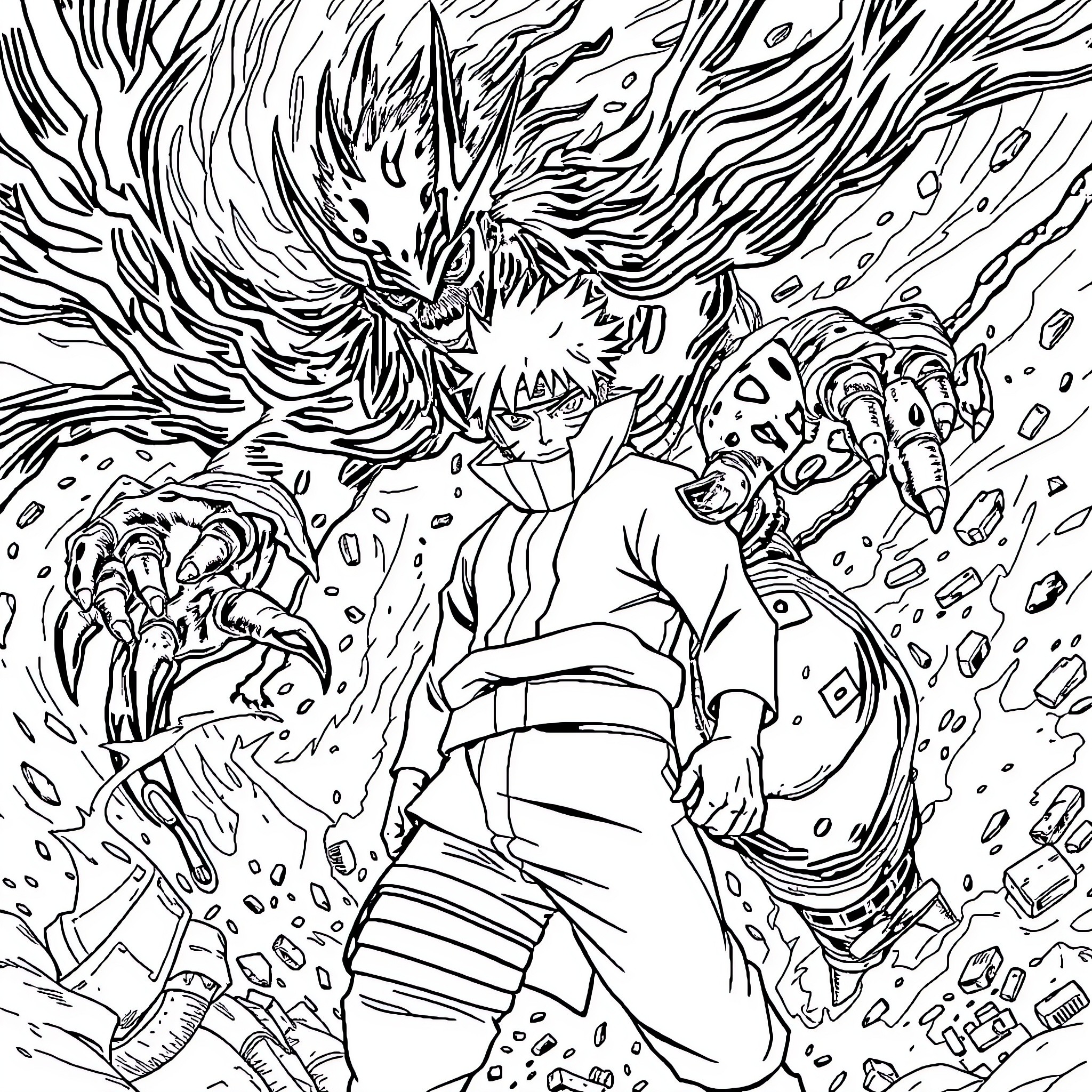 Naruto's Fierce Ninja Battle with Epic Creature Coloring Page (free black-and-white line drawing printable PDF for all, from beginners to advanced learners, including children, teens, adults, and seniors)