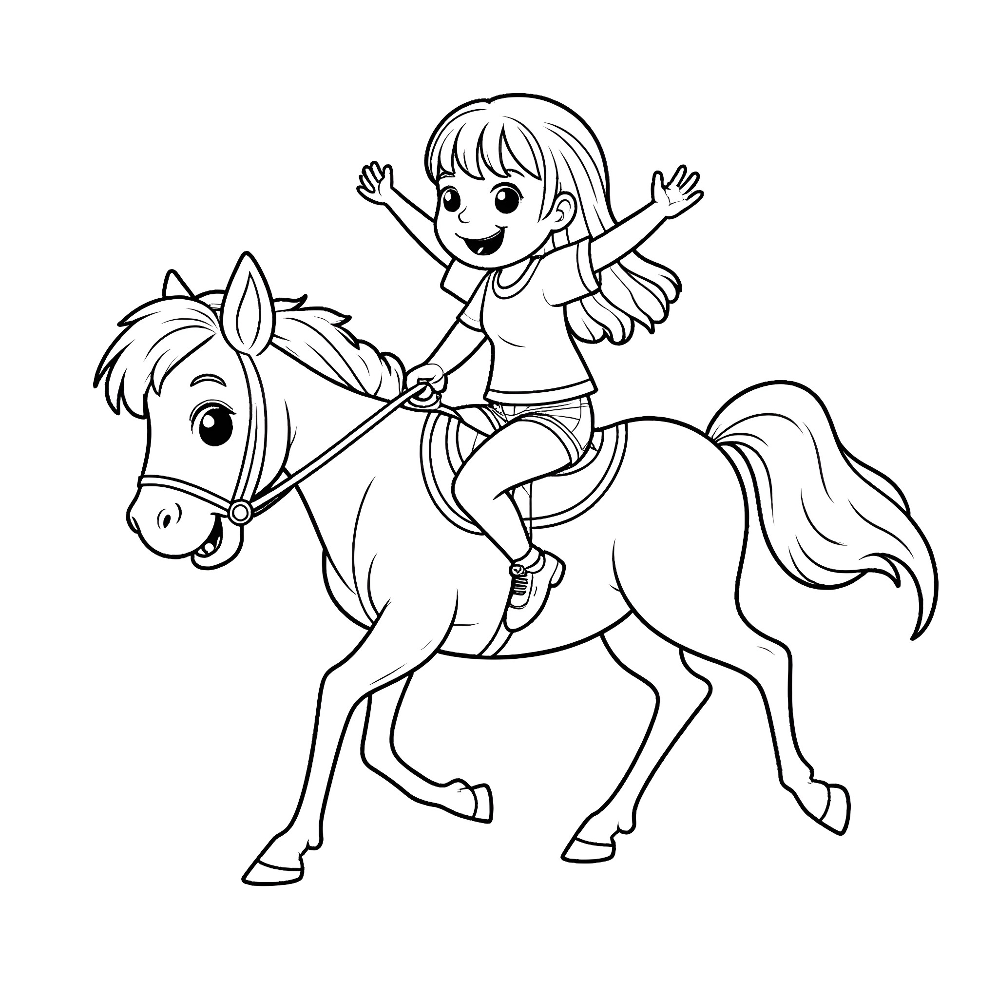 Kids riding horses with joy Coloring Page (free black-and-white line drawing printable PDF for all, from beginners to advanced learners, including children, teens, adults, and seniors)