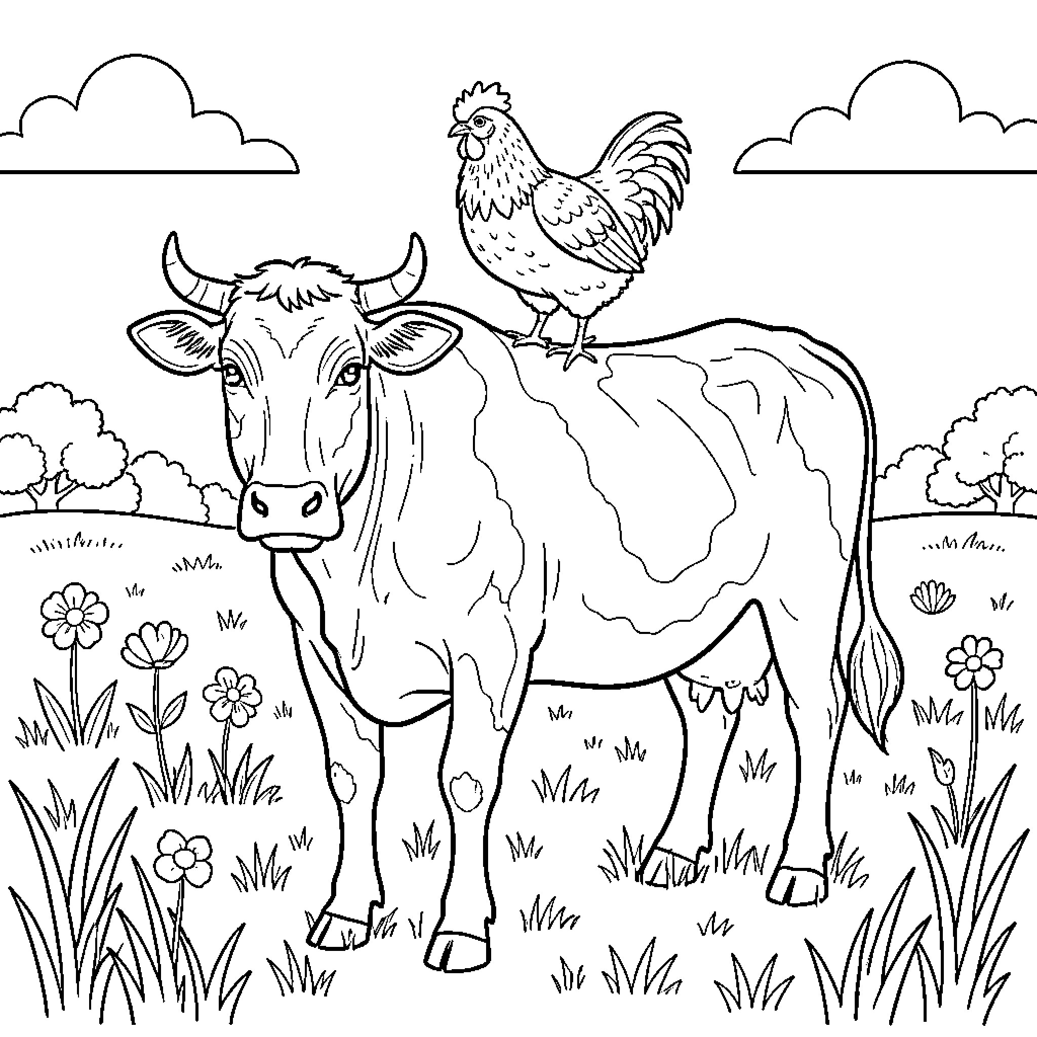 Cow standing in a meadow with a chicken on its back Coloring Page (free black-and-white line drawing printable PDF for all, from beginners to advanced learners, including children, teens, adults, and seniors)