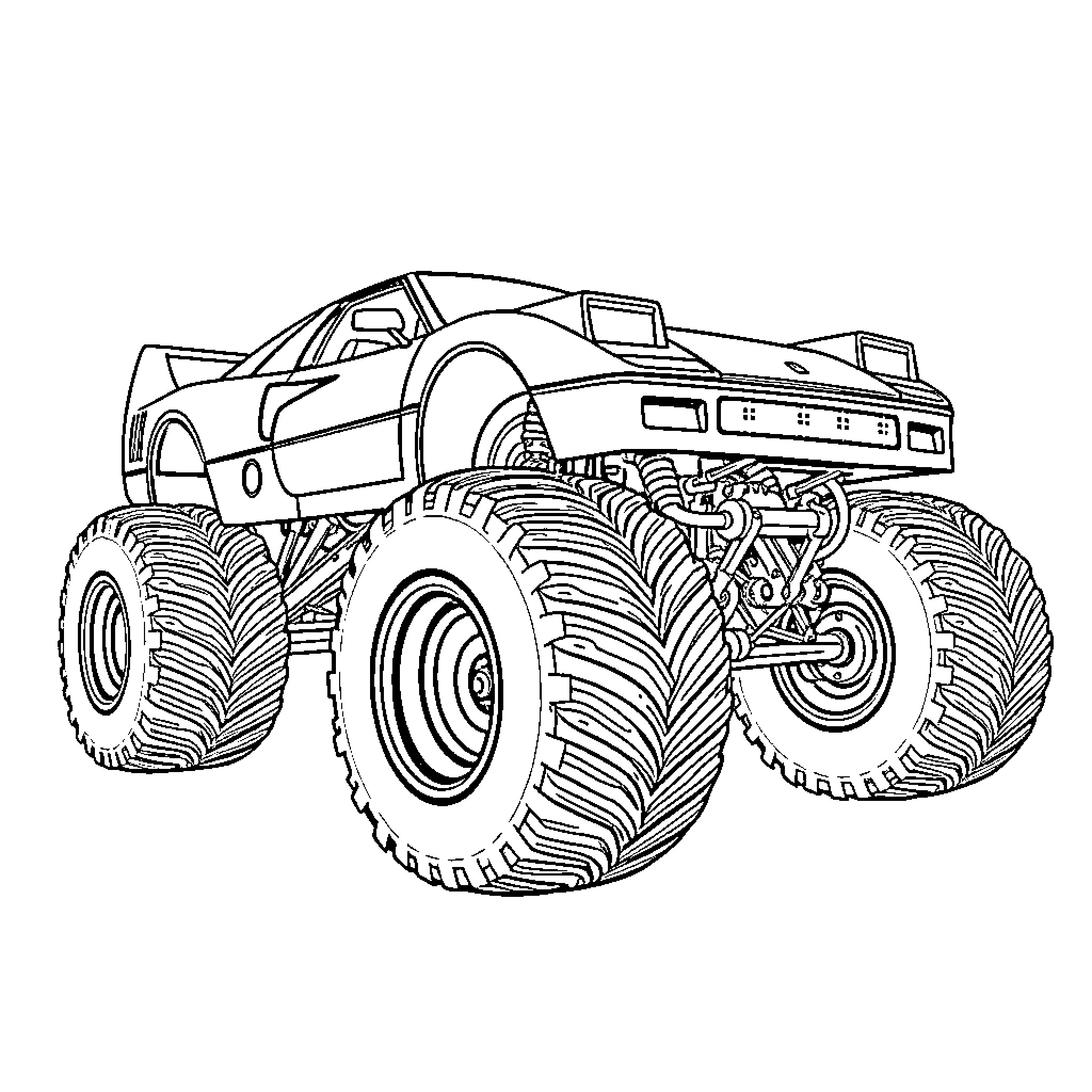 Ferrari F40 monster truck over rough terrain Coloring Page (free black-and-white line drawing printable PDF for all, from beginners to advanced learners, including children, teens, adults, and seniors)