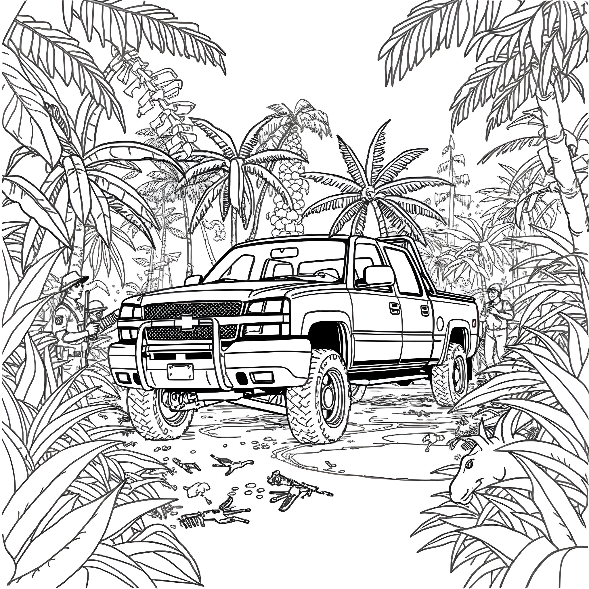 Silverado Truck Navigating Through Lush Tropical Landscape Coloring Page (free black-and-white line drawing printable PDF for all, from beginners to advanced learners, including children, teens, adults, and seniors)