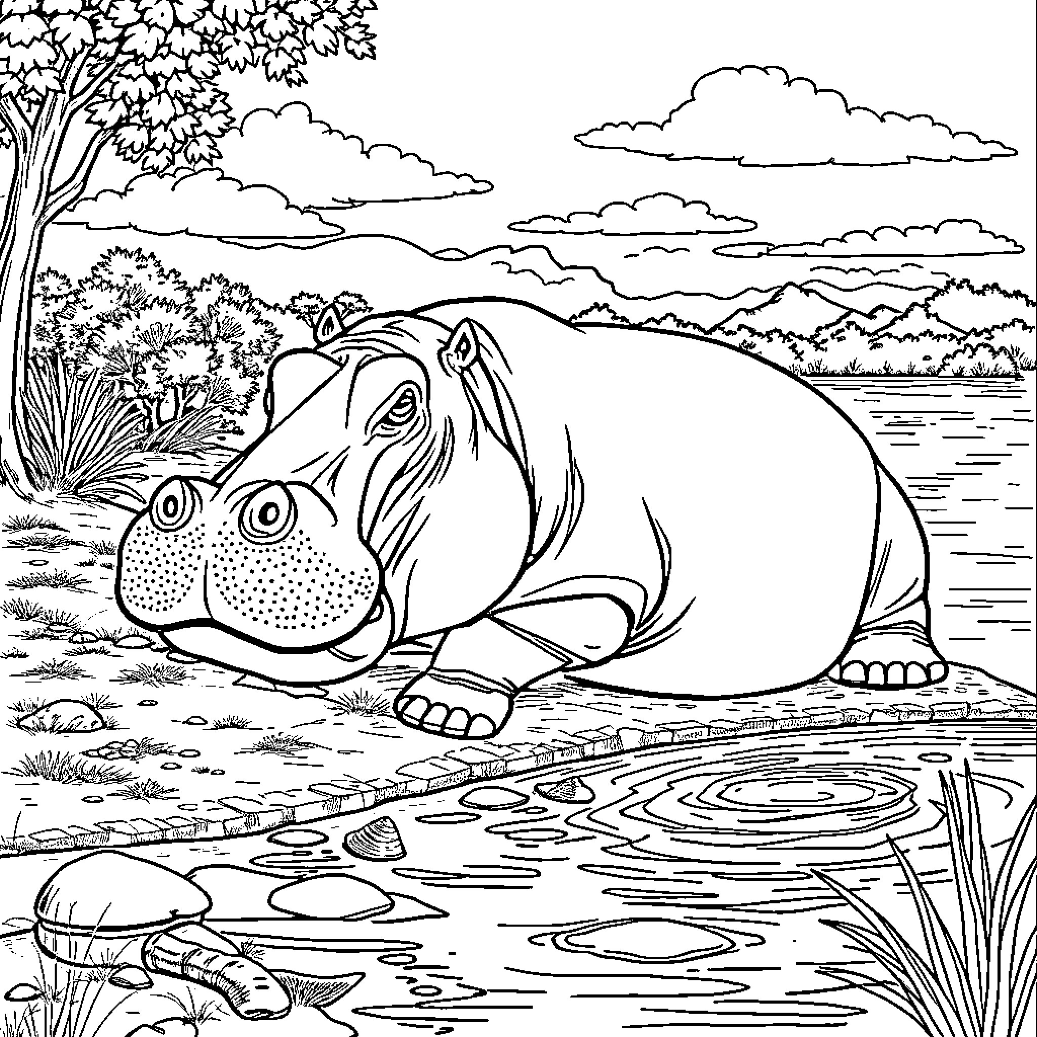 Hippopotamus relaxing in the peaceful nature Coloring Page (free black-and-white line drawing printable PDF for all, from beginners to advanced learners, including children, teens, adults, and seniors)
