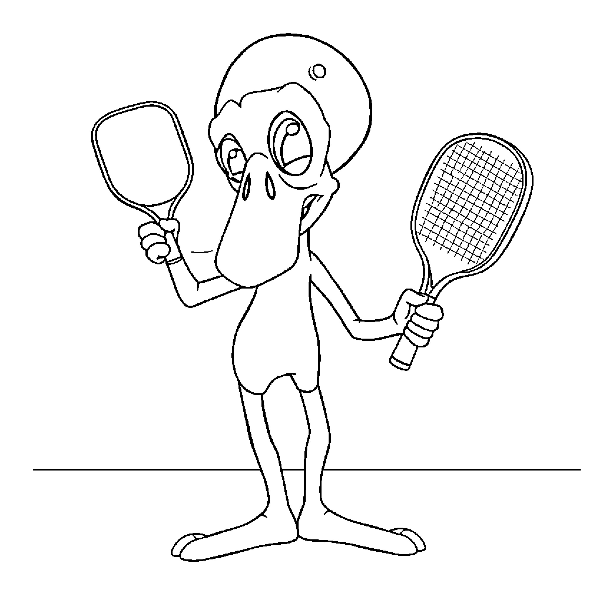 Squidward playing tennis with a racket Coloring Page (free black-and-white line drawing printable PDF for all, from beginners to advanced learners, including children, teens, adults, and seniors)