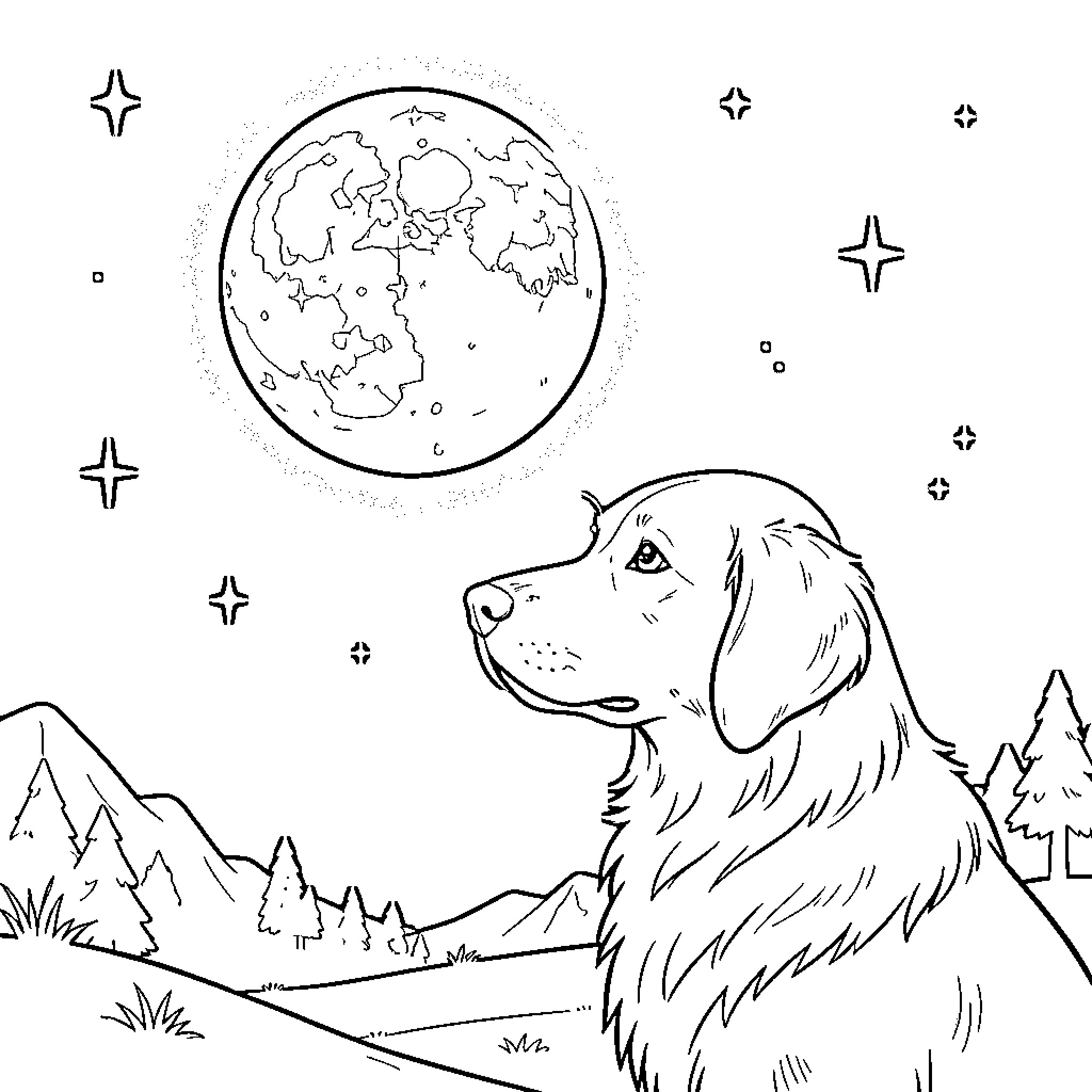 Dog admiring the night sky in nature Coloring Page (free black-and-white line drawing printable PDF for all, from beginners to advanced learners, including children, teens, adults, and seniors)