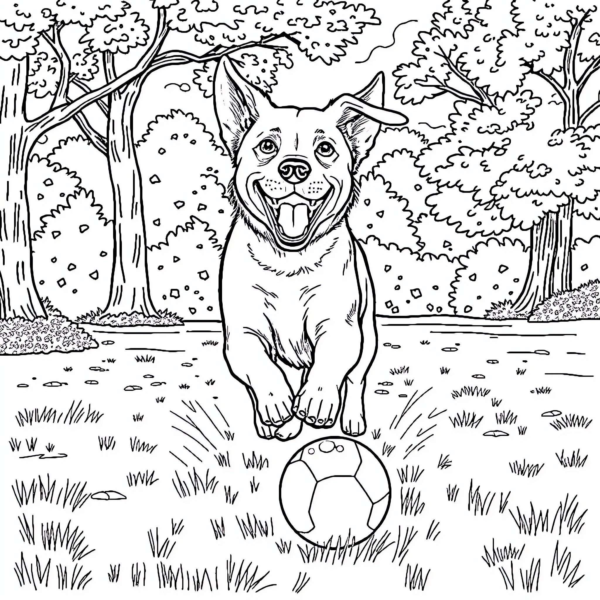 Dog playing with ball in forest Coloring Page (free black-and-white line drawing printable PDF for all, from beginners to advanced learners, including children, teens, adults, and seniors)