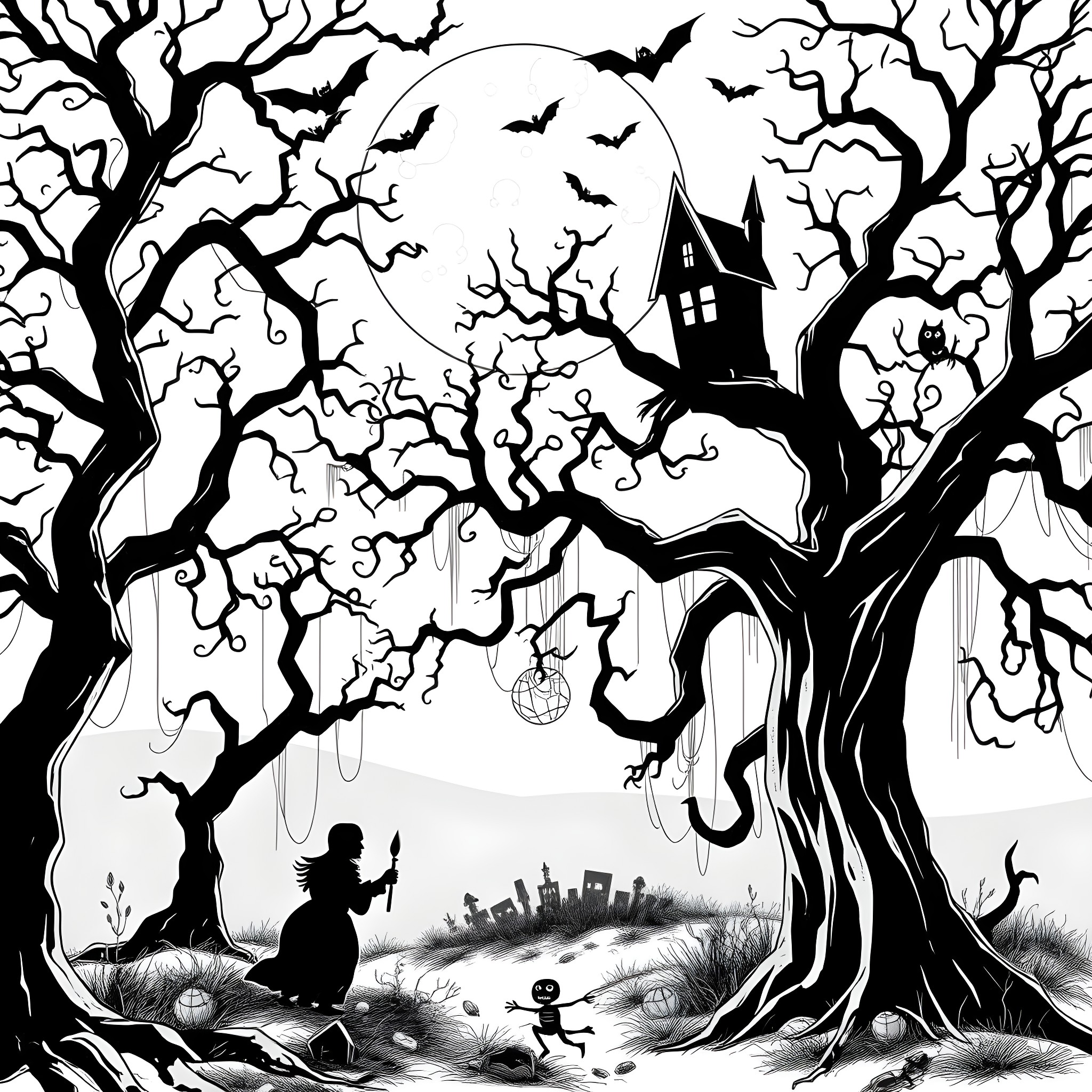 Spooky Halloween Night with Haunted House Coloring Page (free black-and-white line drawing printable PDF for all, from beginners to advanced learners, including children, teens, adults, and seniors)