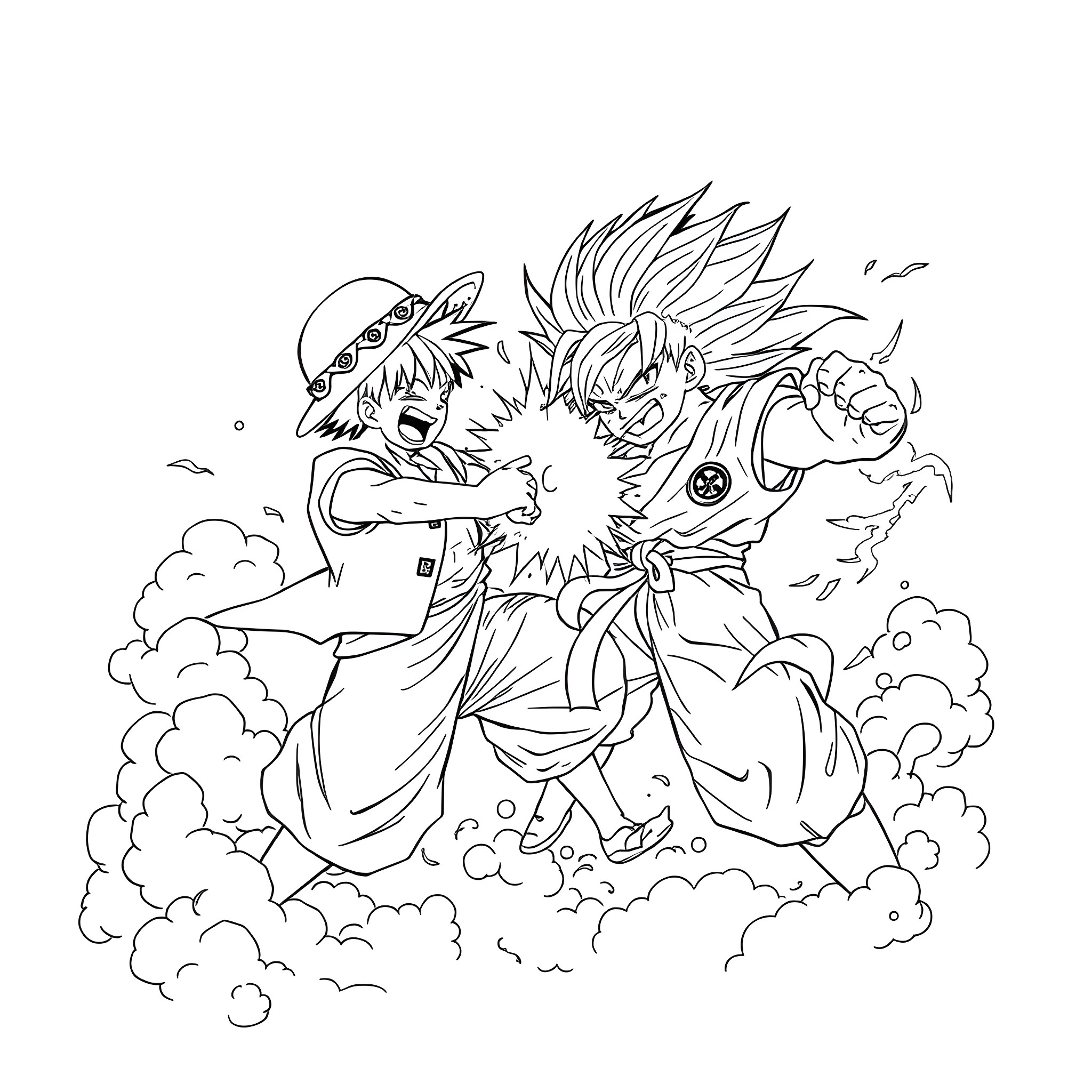 Luffy's Energetic and Fierce Clash Coloring Page (free black-and-white line drawing printable PDF for all, from beginners to advanced learners, including children, teens, adults, and seniors)