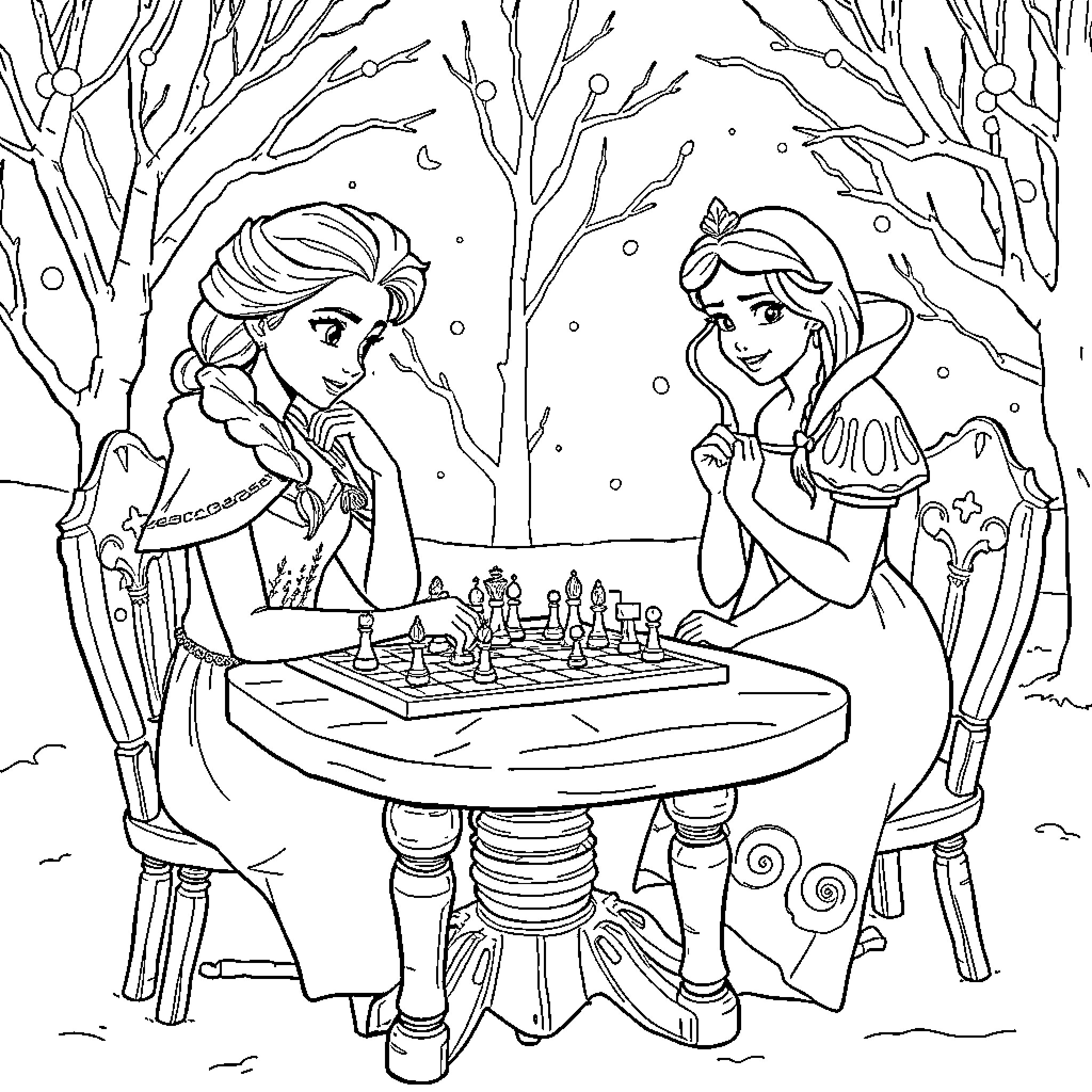 Elsa and Anna Playing Chess in Winter Wonderland Coloring Page (free black-and-white line drawing printable PDF for all, from beginners to advanced learners, including children, teens, adults, and seniors)
