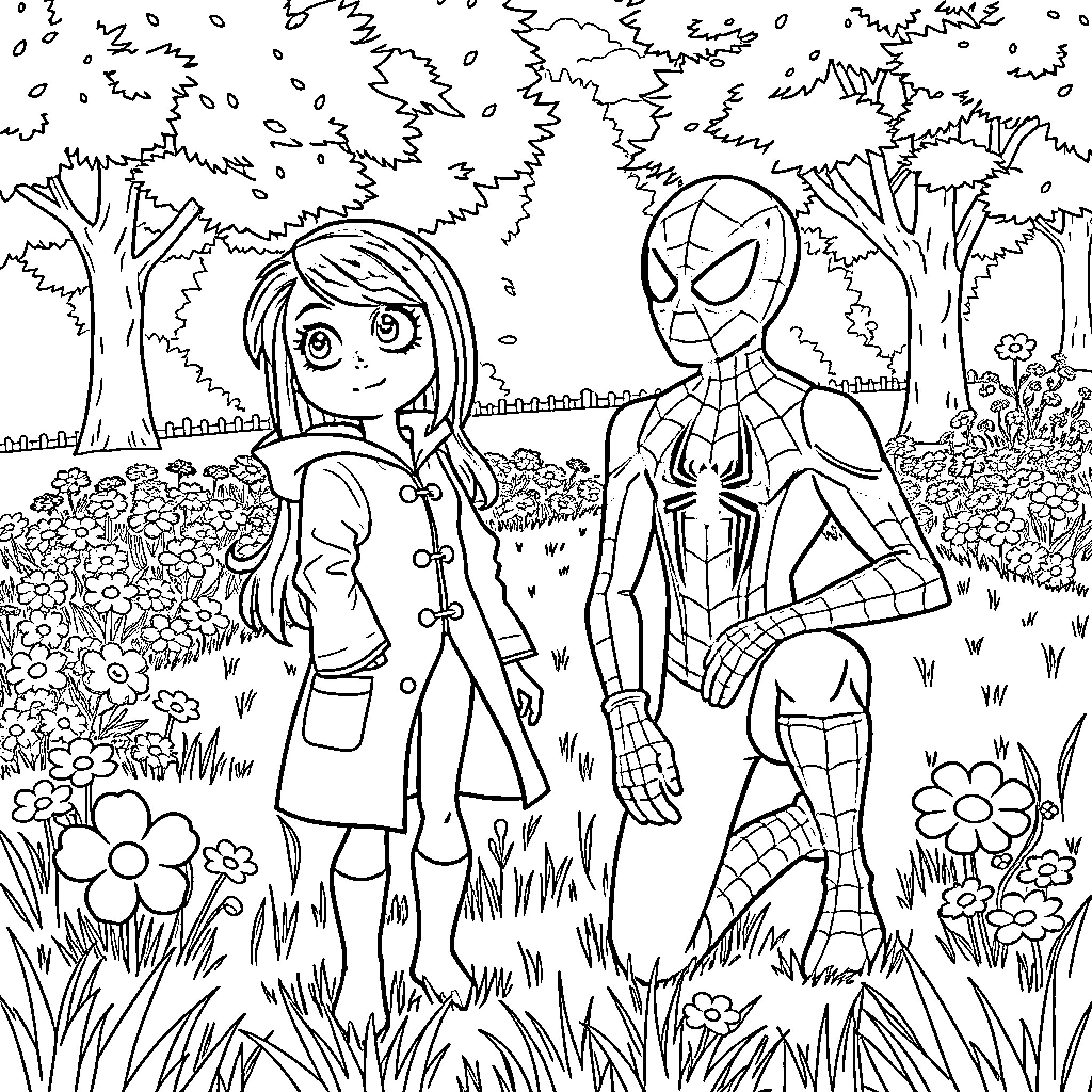 Coraline and Spider-Man explore the enchanted forest Coloring Page (free black-and-white line drawing printable PDF for all, from beginners to advanced learners, including children, teens, adults, and seniors)