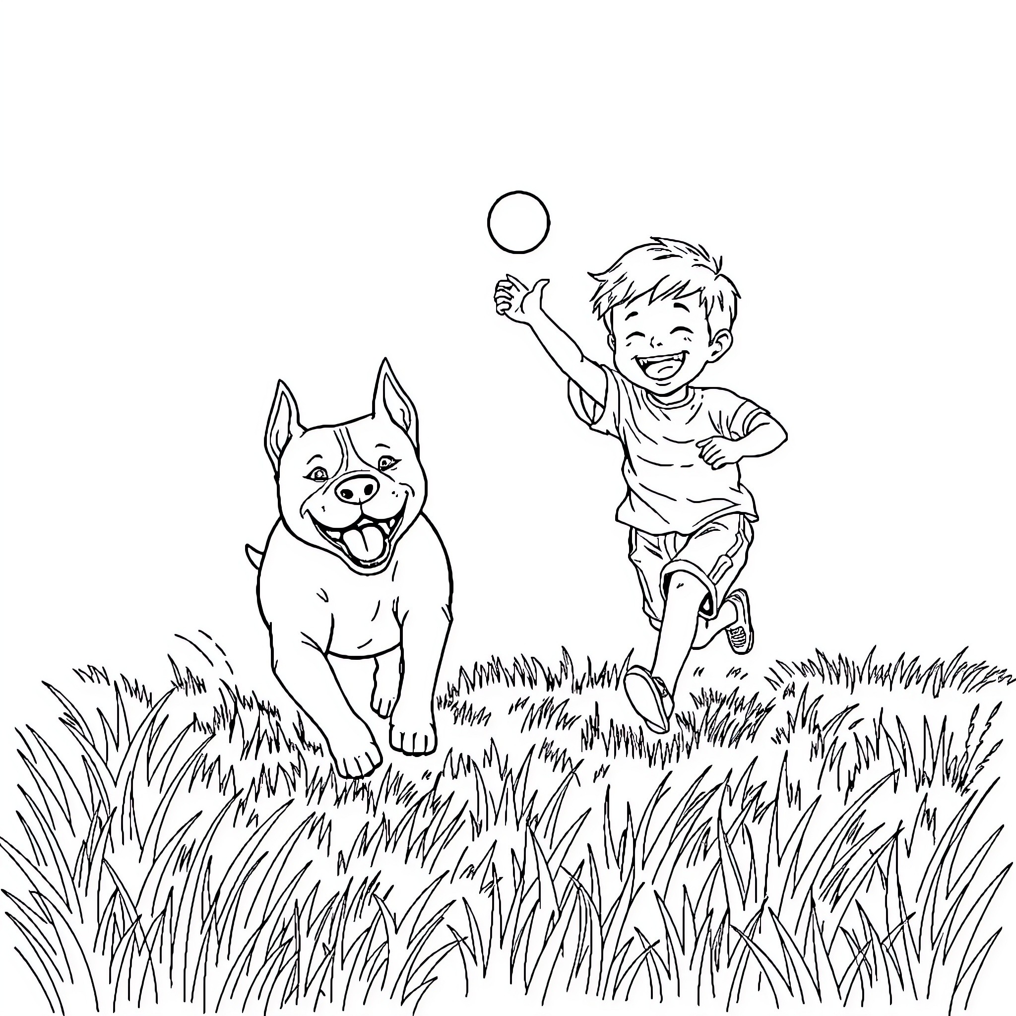 Pitbull playing with boy in the park Coloring Page (free black-and-white line drawing printable PDF for all, from beginners to advanced learners, including children, teens, adults, and seniors)