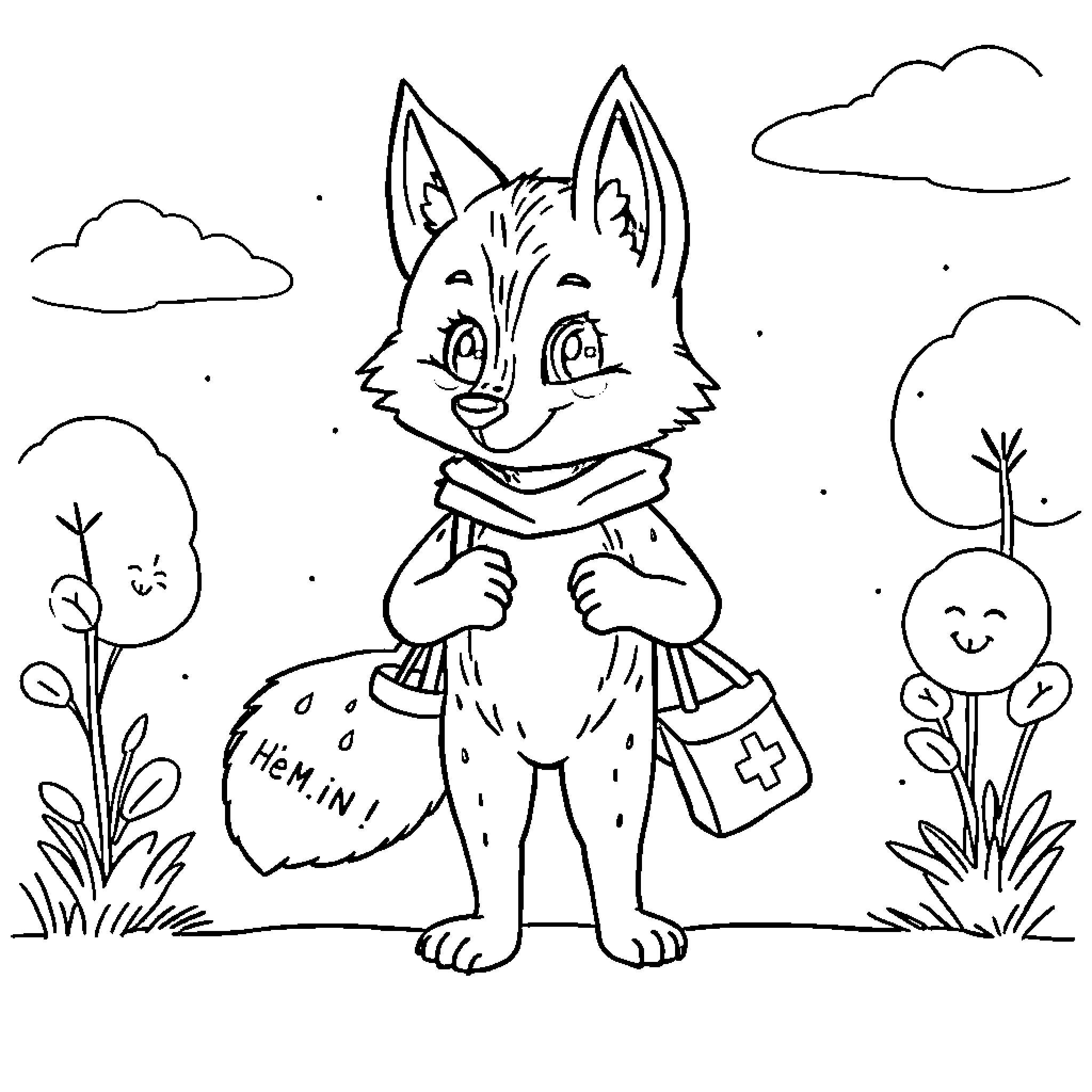 Little Wolf Helps in the Outdoors Coloring Page (free black-and-white line drawing printable PDF for all, from beginners to advanced learners, including children, teens, adults, and seniors)