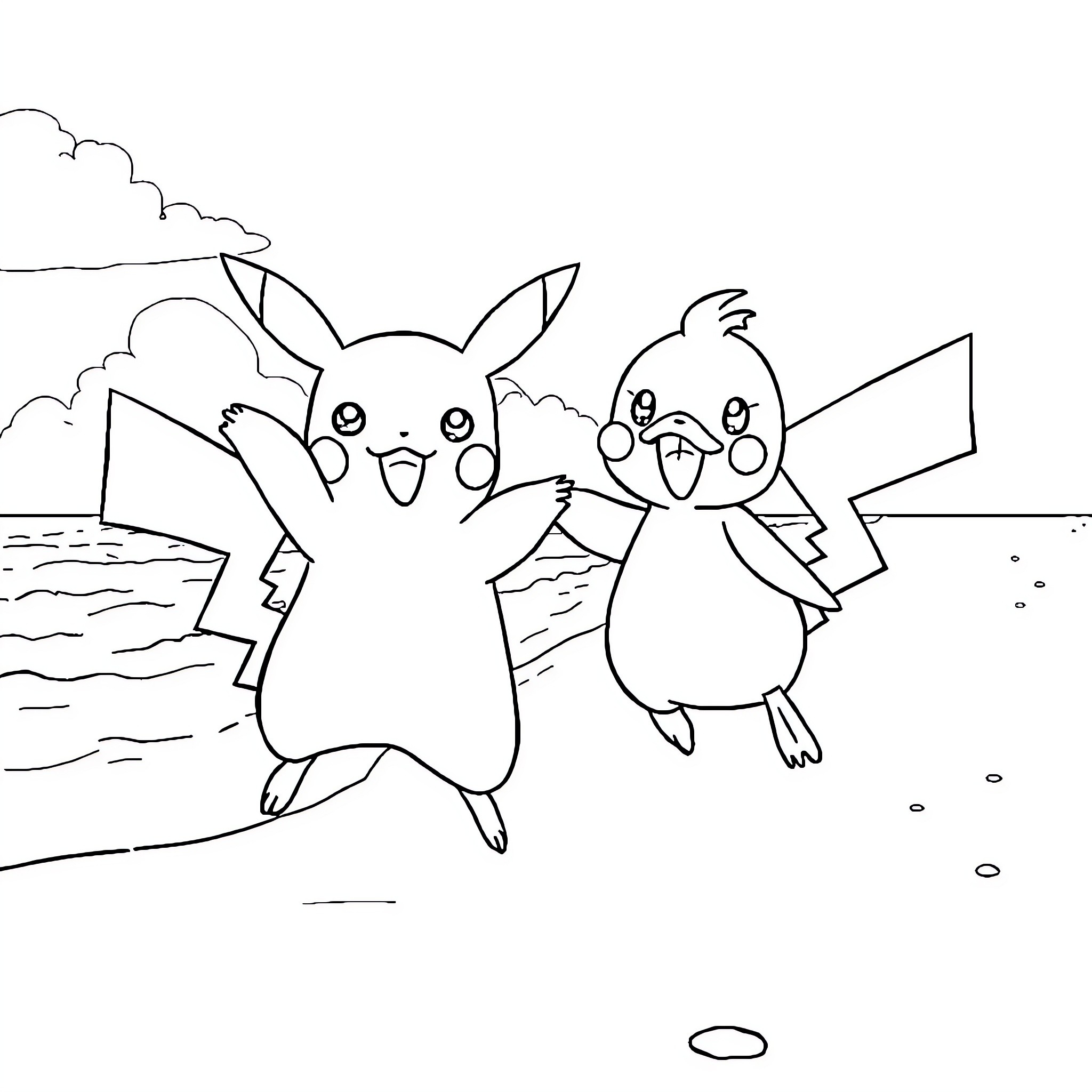 Pikachu and Togepi playing in the park Coloring Page (free black-and-white line drawing printable PDF for all, from beginners to advanced learners, including children, teens, adults, and seniors)