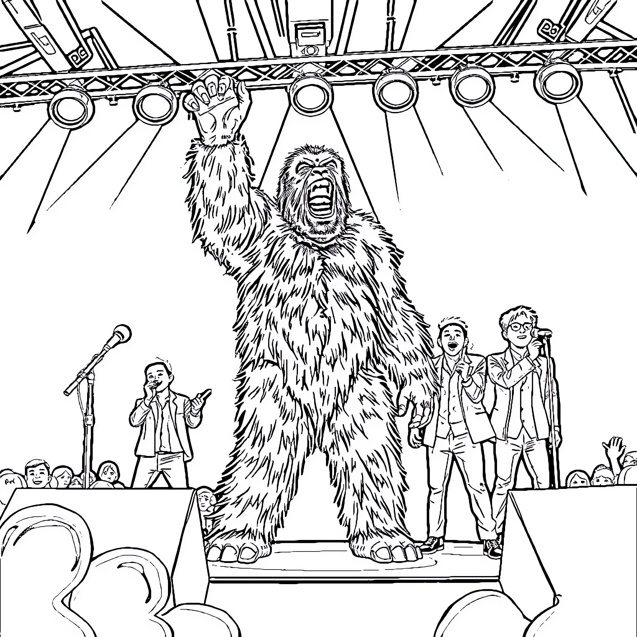 Bigfoot performing on stage with crowd Coloring Page (free black-and-white line drawing printable PDF for all, from beginners to advanced learners, including children, teens, adults, and seniors)
