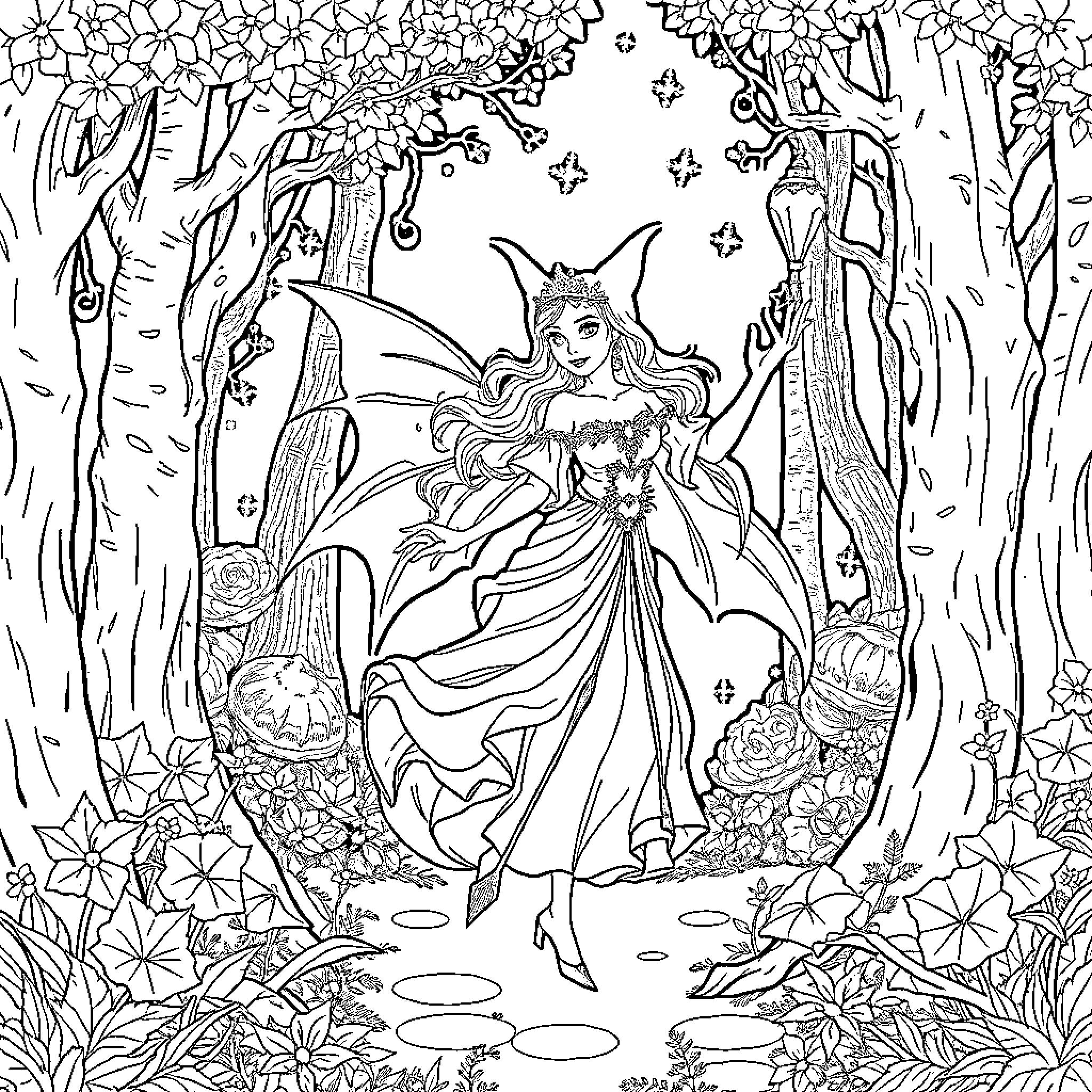 Mermaid in enchanted forest with flowers and nature Coloring Page (free black-and-white line drawing printable PDF for all, from beginners to advanced learners, including children, teens, adults, and seniors)